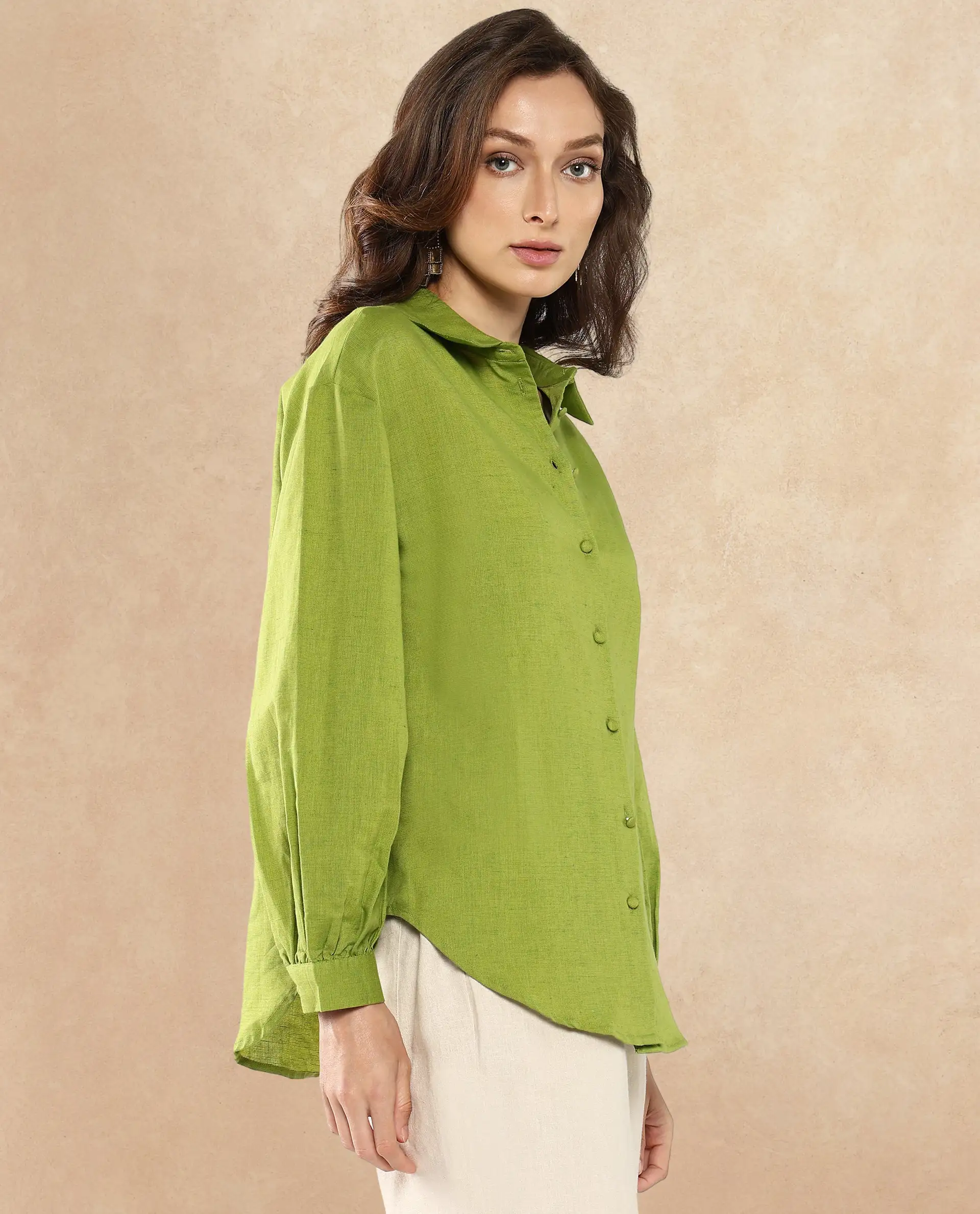 Rareism Women's Lureno Light Olive Cotton Blend Spread Collar Plain Cuffed Sleeve Regular Fit Top - Image 4