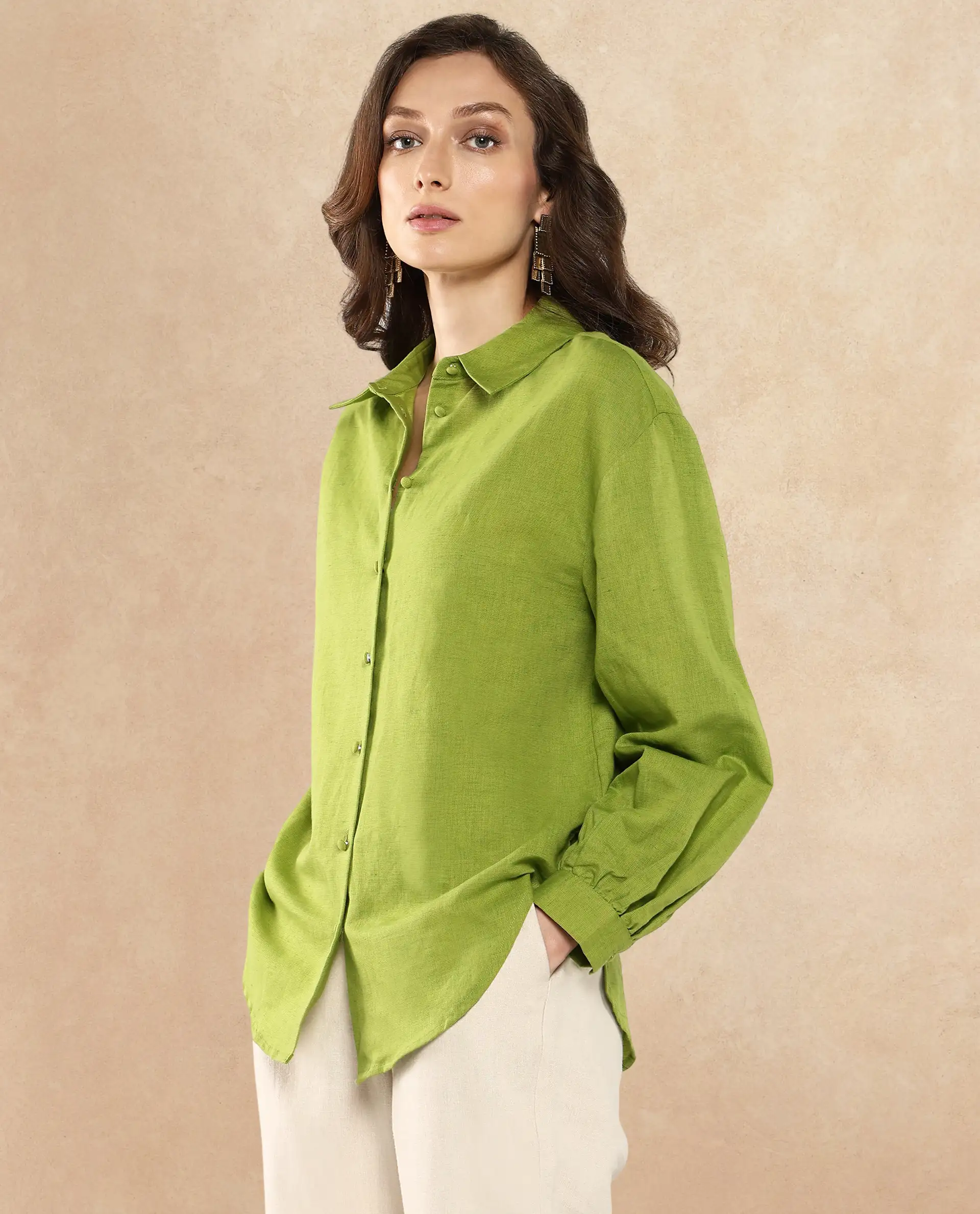 Rareism Women's Lureno Light Olive Cotton Blend Spread Collar Plain Cuffed Sleeve Regular Fit Top - Image 5
