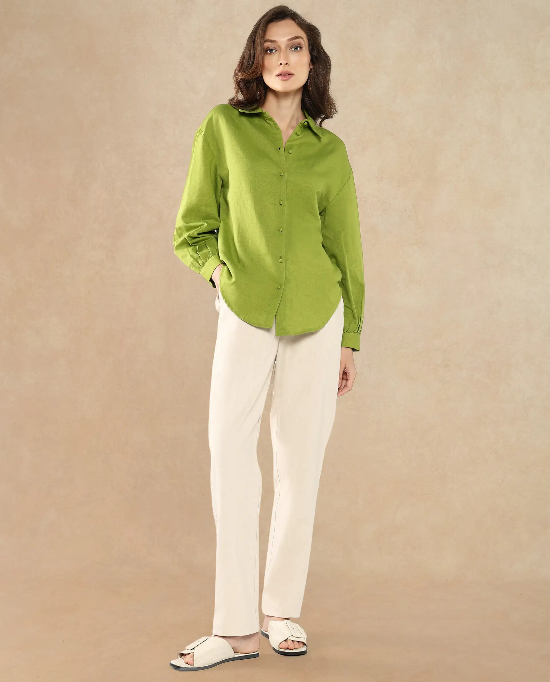Rareism Women's Lureno Light Olive Cotton Blend Spread Collar Plain Cuffed Sleeve Regular Fit Top - Image 6