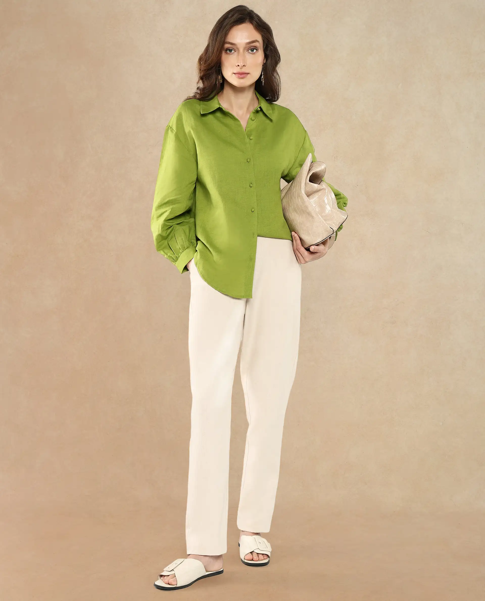 Rareism Women's Lureno Light Olive Cotton Blend Spread Collar Plain Cuffed Sleeve Regular Fit Top - Image 7
