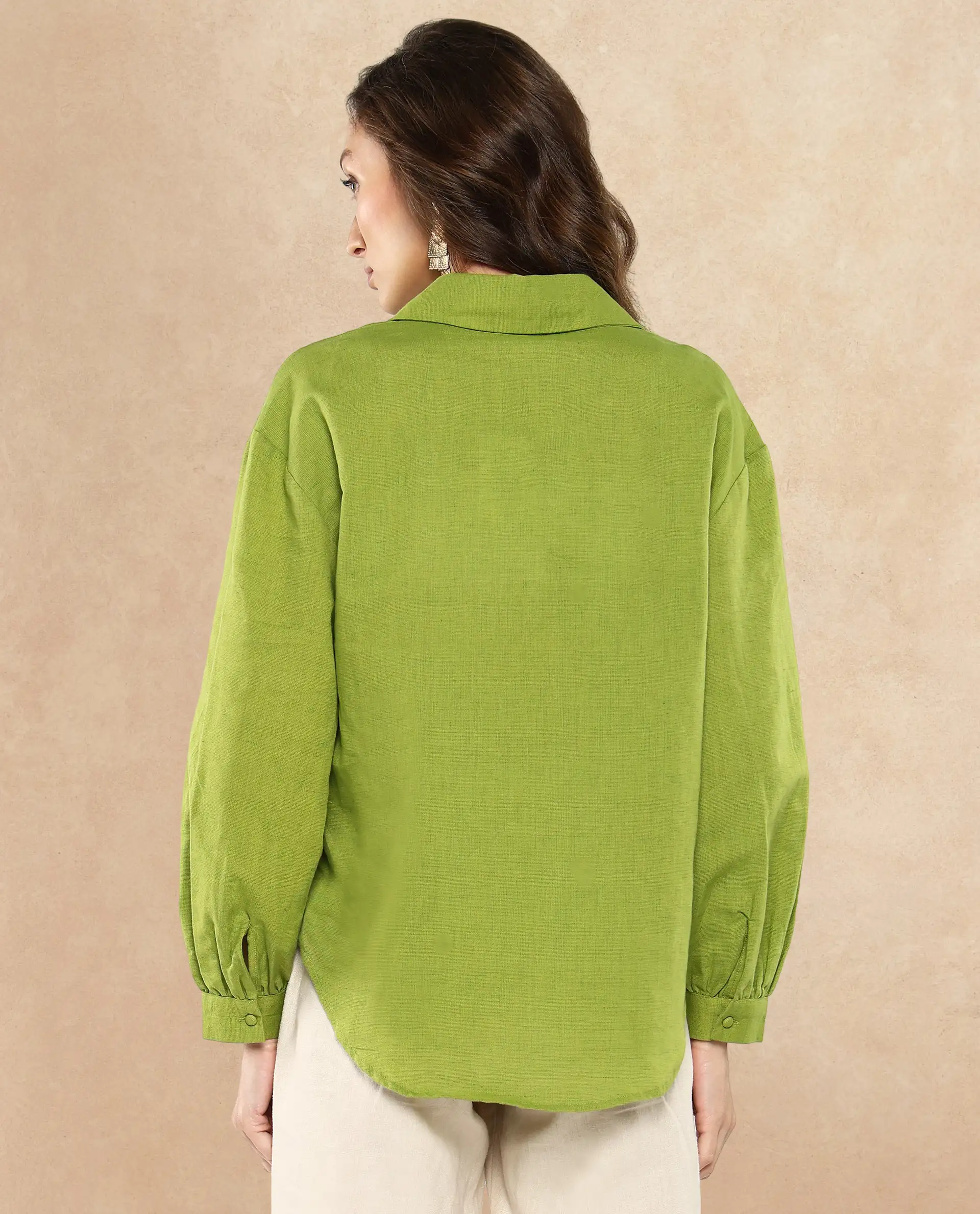 Rareism Women's Lureno Light Olive Cotton Blend Spread Collar Plain Cuffed Sleeve Regular Fit Top - Image 8