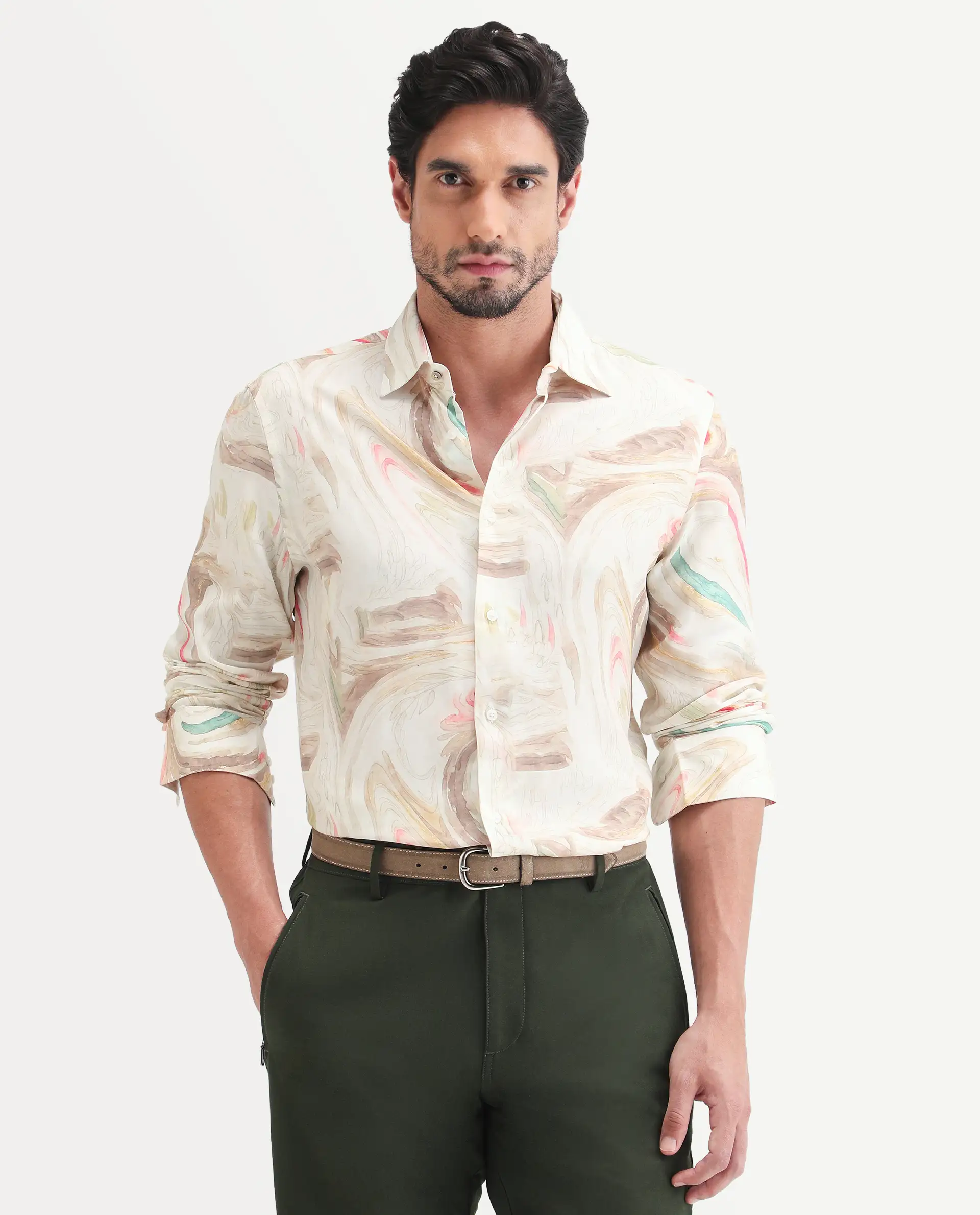 Rare Rabbit Men's Lurk Off White Viscose Fabric Full Sleeve Regular Fit Abstract Print  Shirt - Image 3