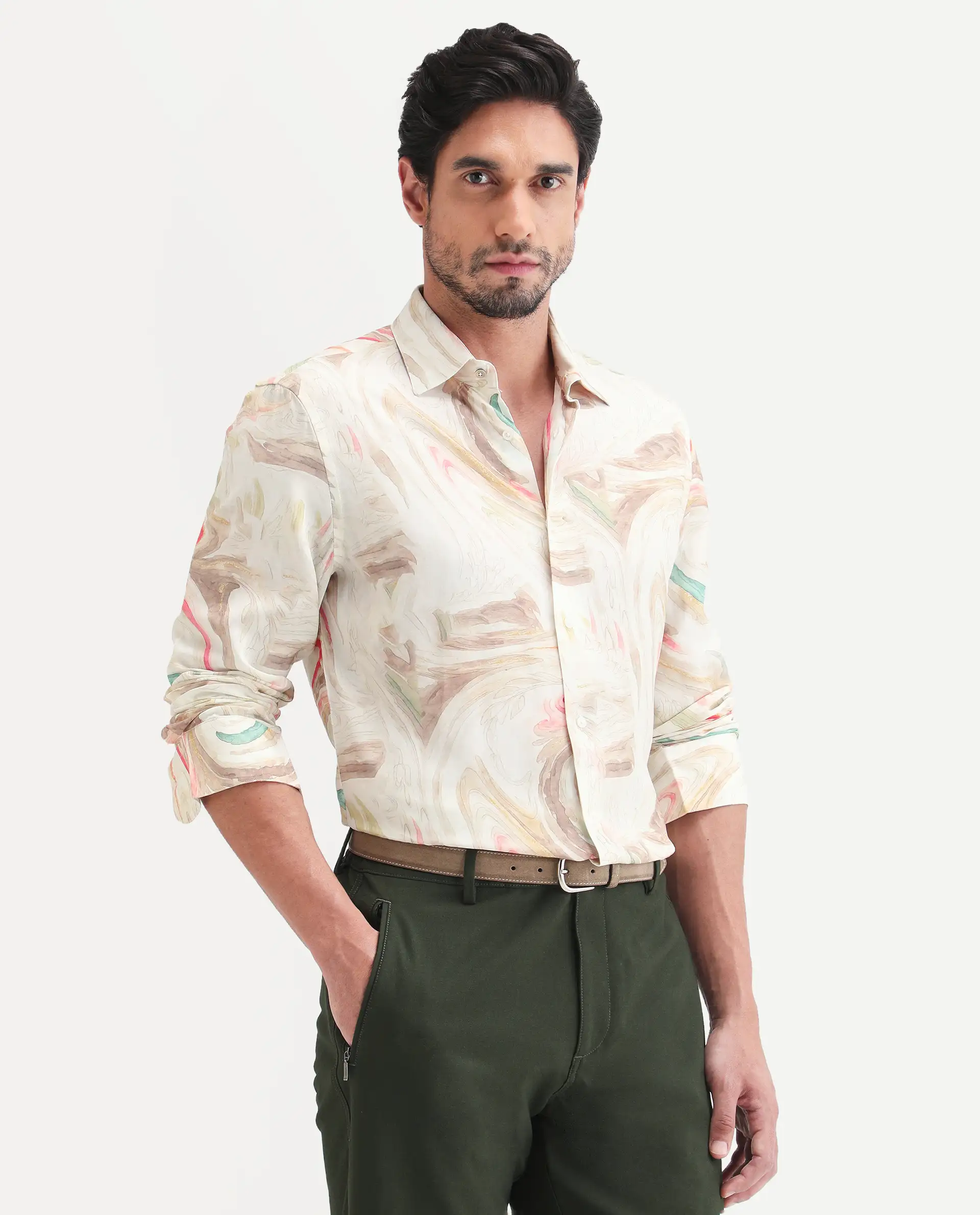 Rare Rabbit Men's Lurk Off White Viscose Fabric Full Sleeve Regular Fit Abstract Print  Shirt - Image 4