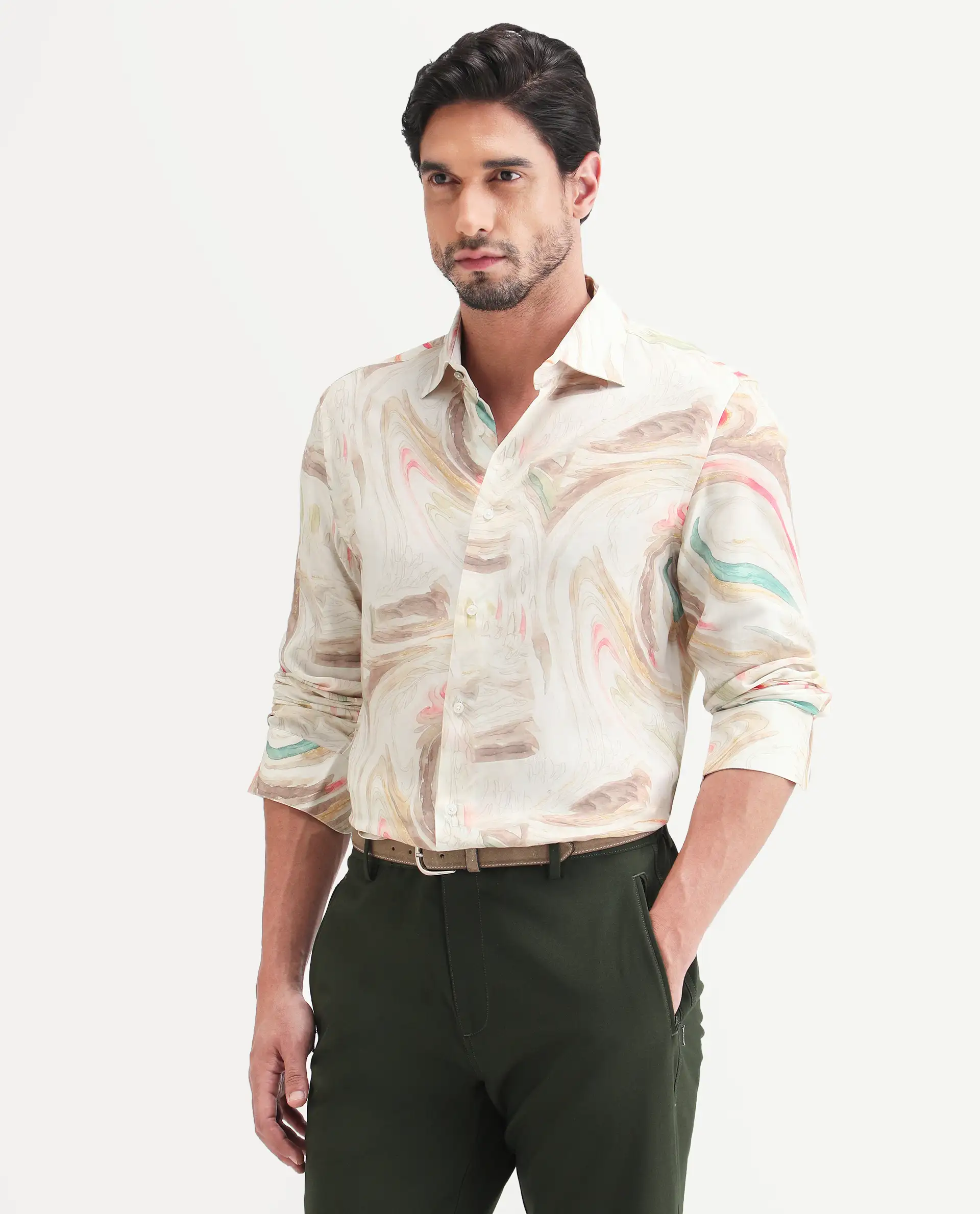 Rare Rabbit Men's Lurk Off White Viscose Fabric Full Sleeve Regular Fit Abstract Print  Shirt - Image 5