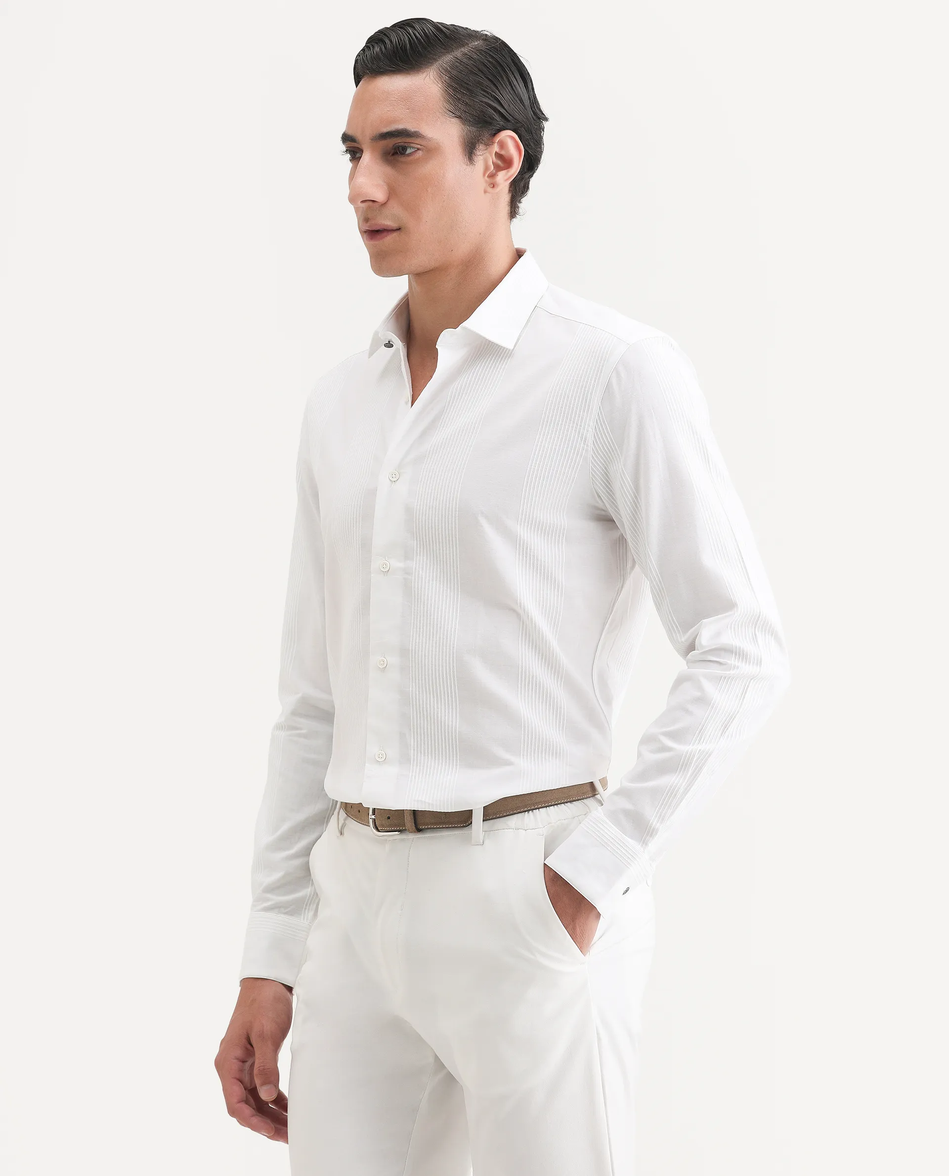 Rare Rabbit Men's Lurtz-1 White Cotton Striped Print Tailored Fit Full Sleeve Spread Collar Shirt - Image 4