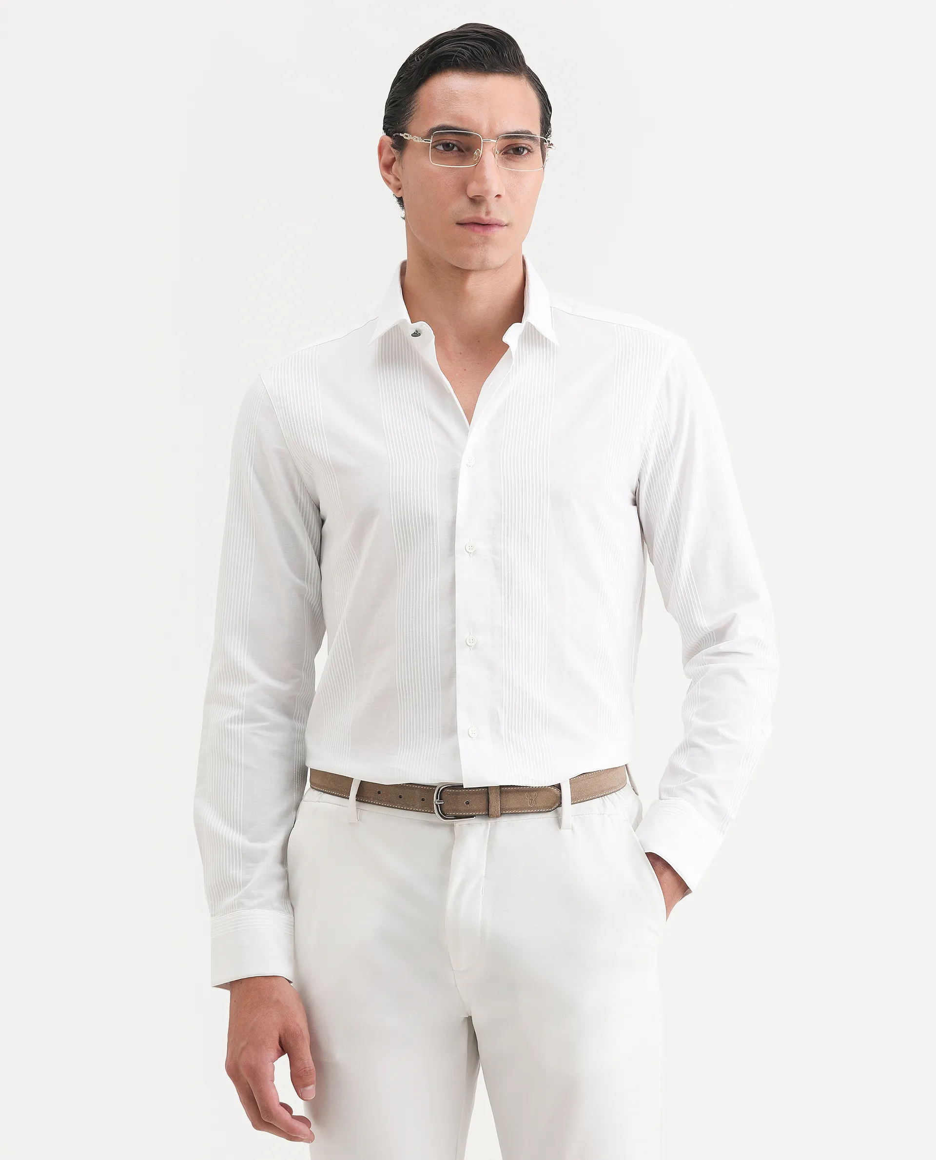 Rare Rabbit Men's Lurtz-1 White Cotton Striped Print Tailored Fit Full Sleeve Spread Collar Shirt - Image 6