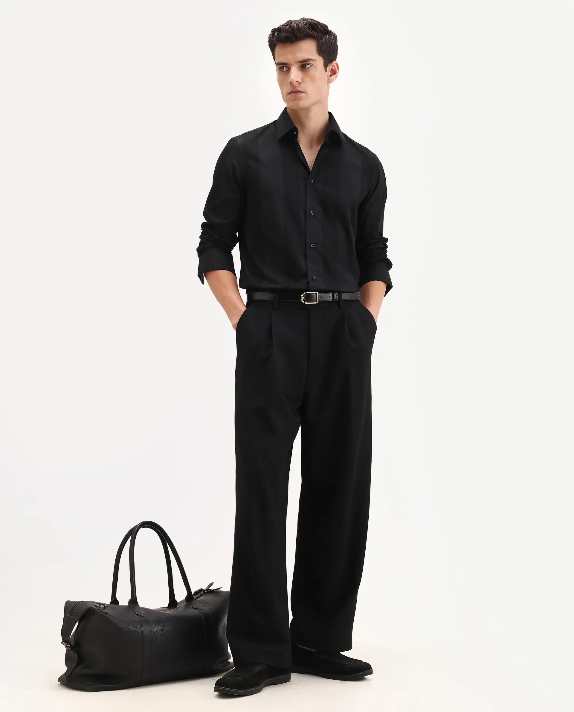 Rare Rabbit Men's Lurtz-25 Black Cotton Spread Collar Regular Fit Jacquard Shirt - Image 2