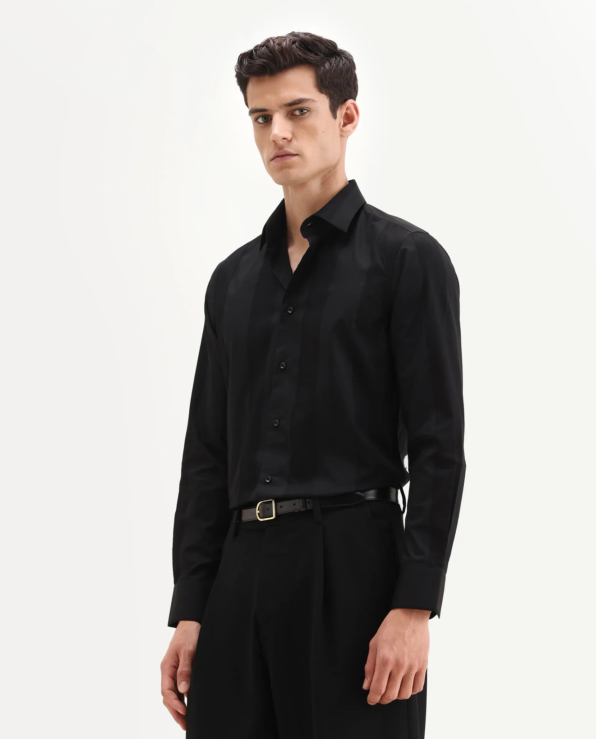 Rare Rabbit Men's Lurtz-25 Black Cotton Spread Collar Regular Fit Jacquard Shirt - Image 4