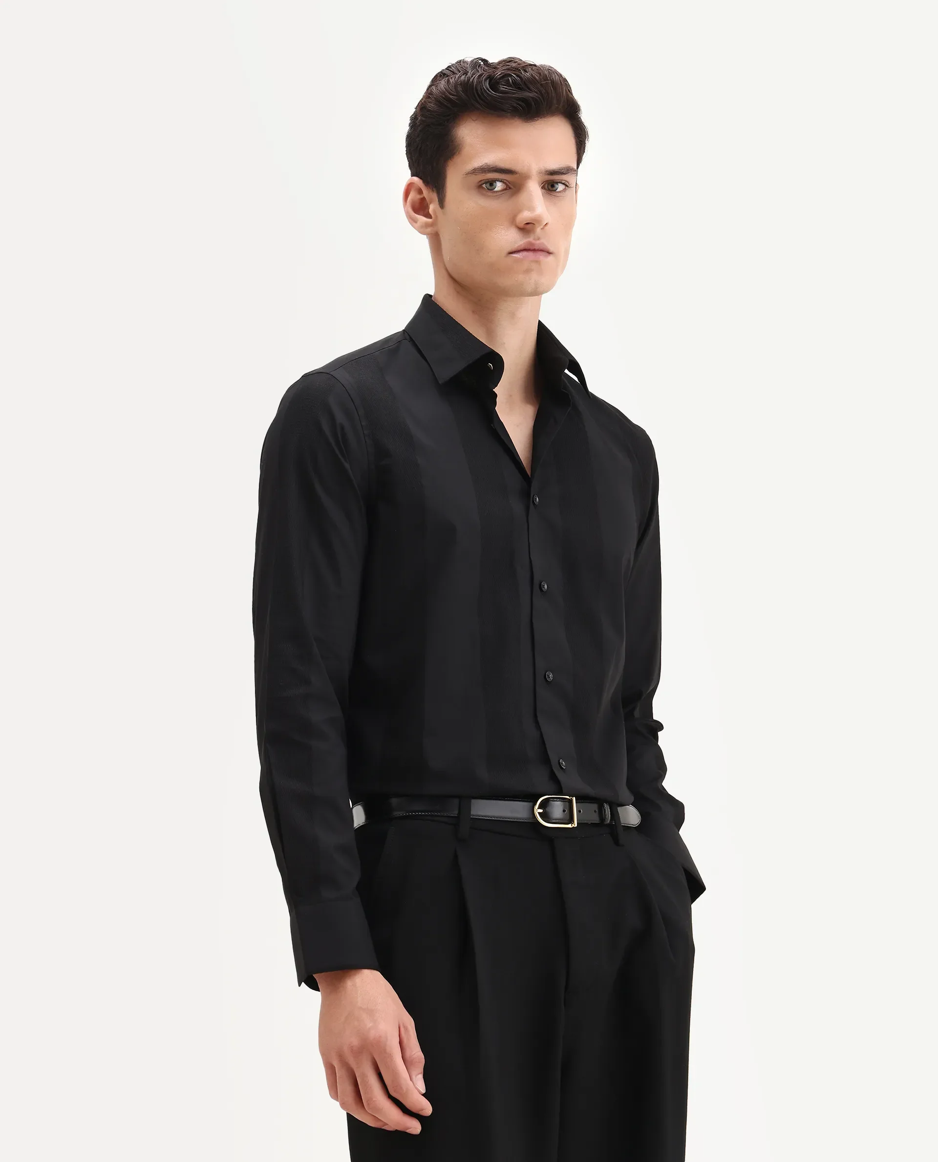 Rare Rabbit Men's Lurtz-25 Black Cotton Spread Collar Regular Fit Jacquard Shirt - Image 5
