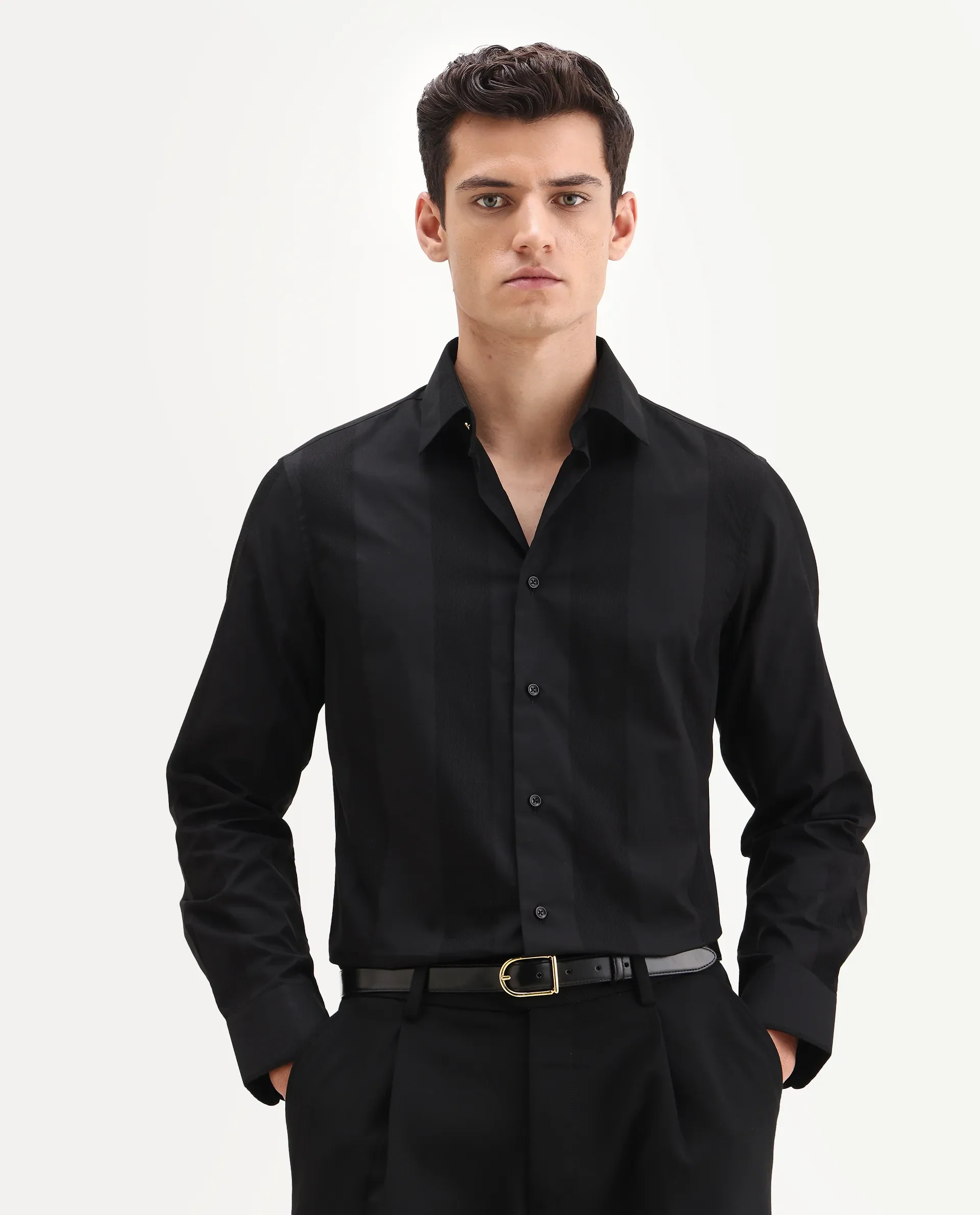 Rare Rabbit Men's Lurtz-25 Black Cotton Spread Collar Regular Fit Jacquard Shirt - Image 6