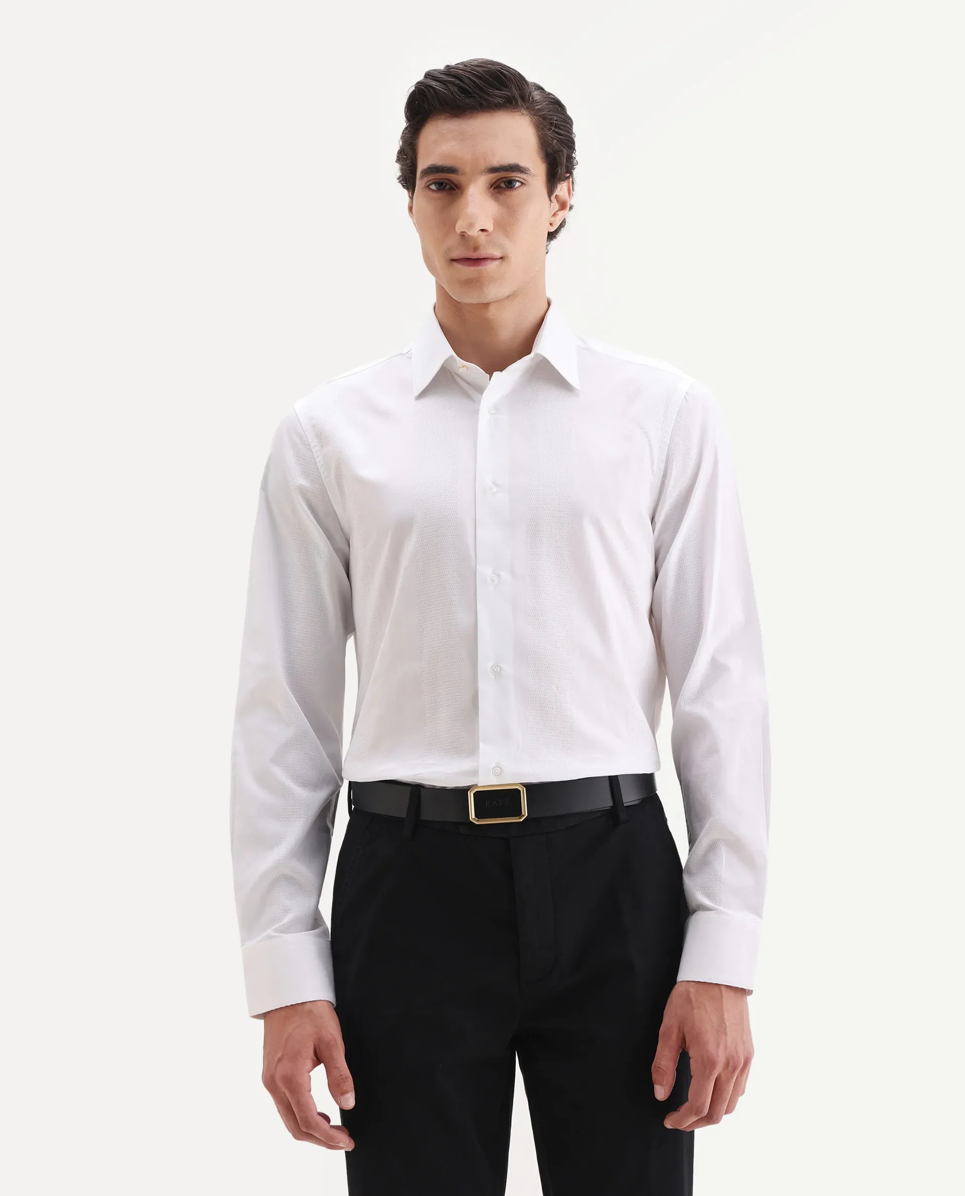 Rare Rabbit Men's Lurtz-25 White Cotton Spread Collar Regular Fit Jacquard Shirt - Image 4