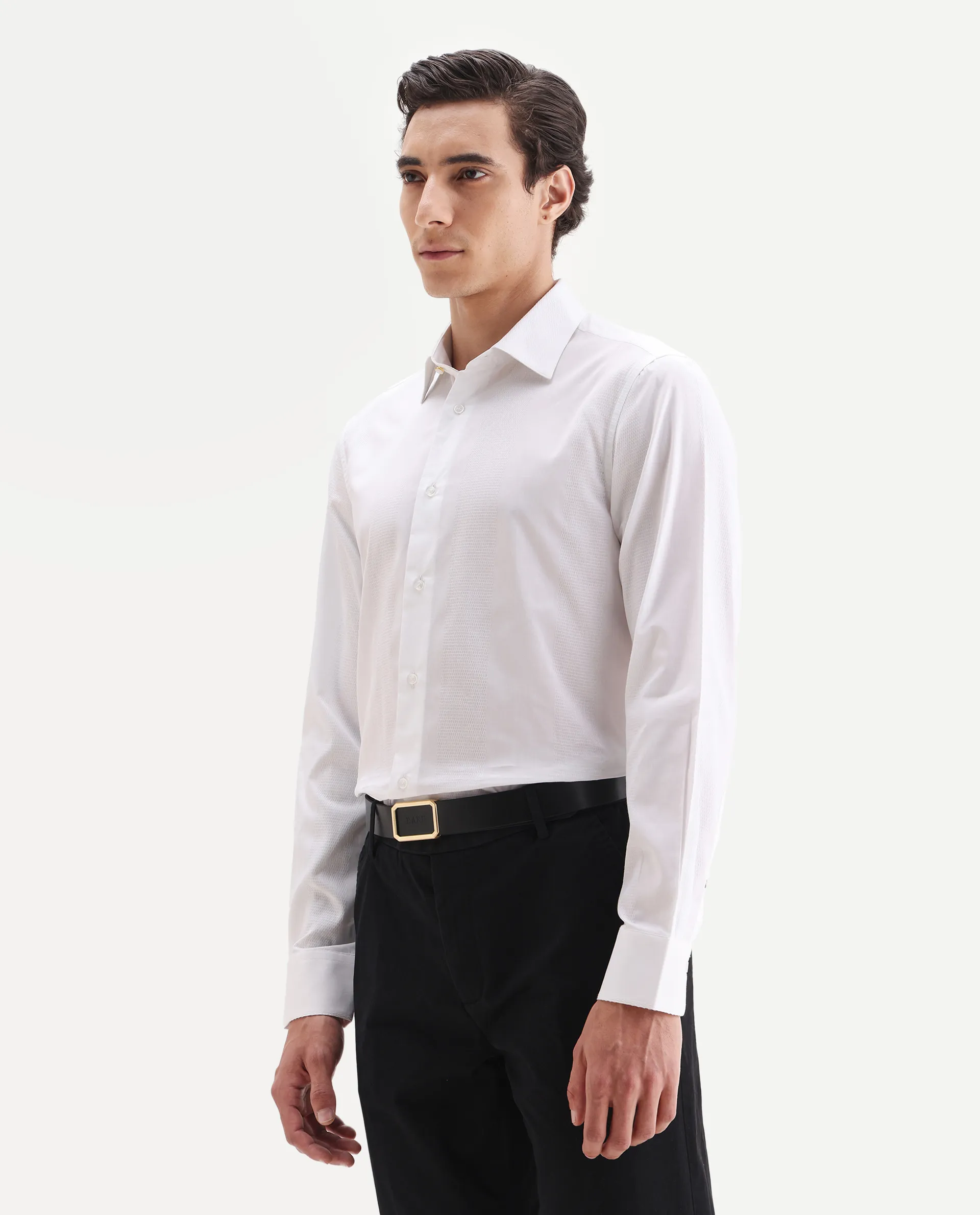 Rare Rabbit Men's Lurtz-25 White Cotton Spread Collar Regular Fit Jacquard Shirt - Image 5