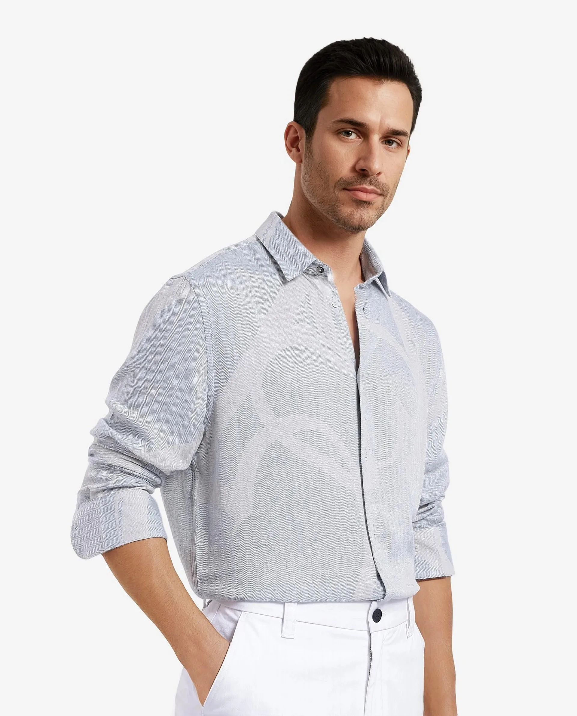 Rare Rabbit Men's Lusia-1 Off White Cotton Jacquard Regular Fit Full Sleeve Collared Shirt - Image 6