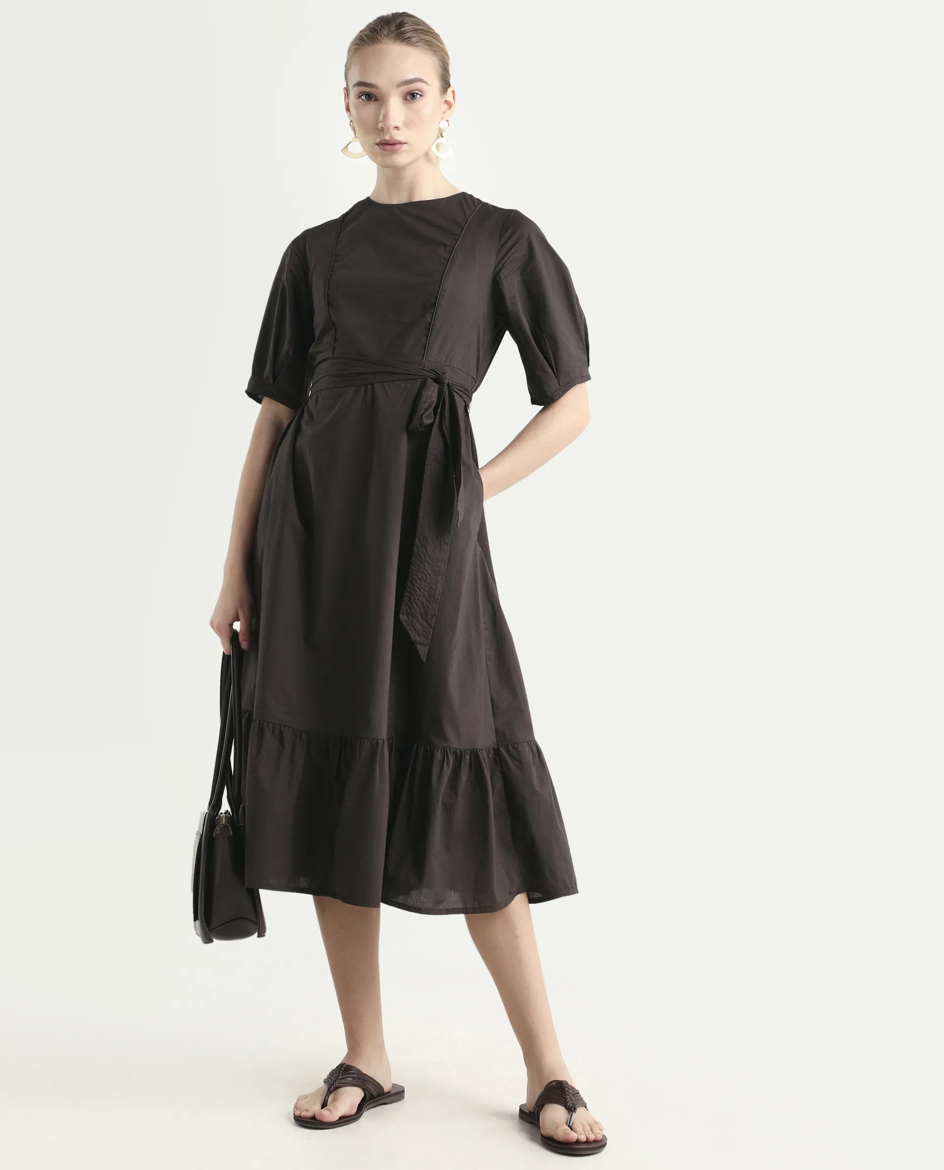 Rareism Women's Lusine Brown Crew Neck Plain Bishop Sleeve Midi Fit And Flare Dress - Image 2