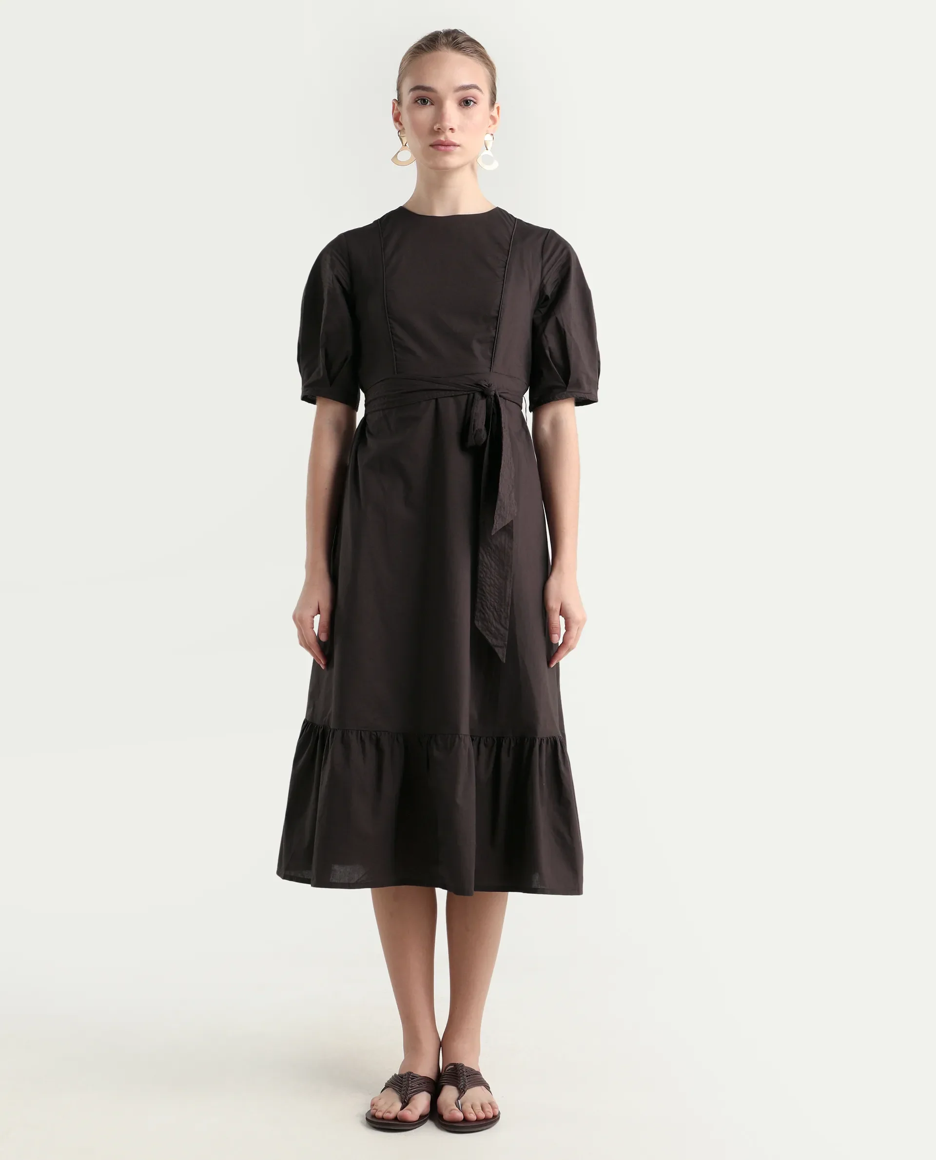Rareism Women's Lusine Brown Crew Neck Plain Bishop Sleeve Midi Fit And Flare Dress - Image 3