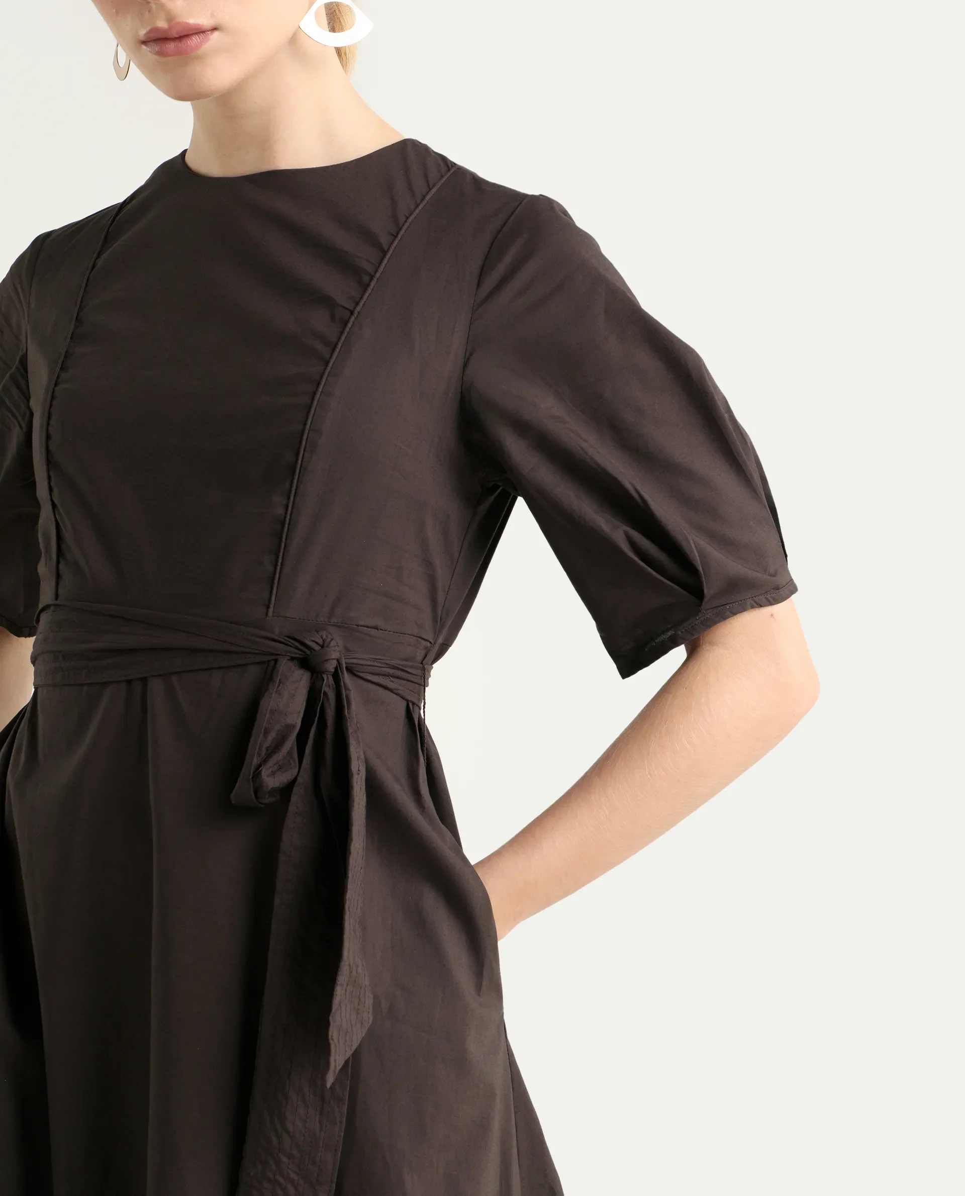 Rareism Women's Lusine Brown Crew Neck Plain Bishop Sleeve Midi Fit And Flare Dress - Image 4