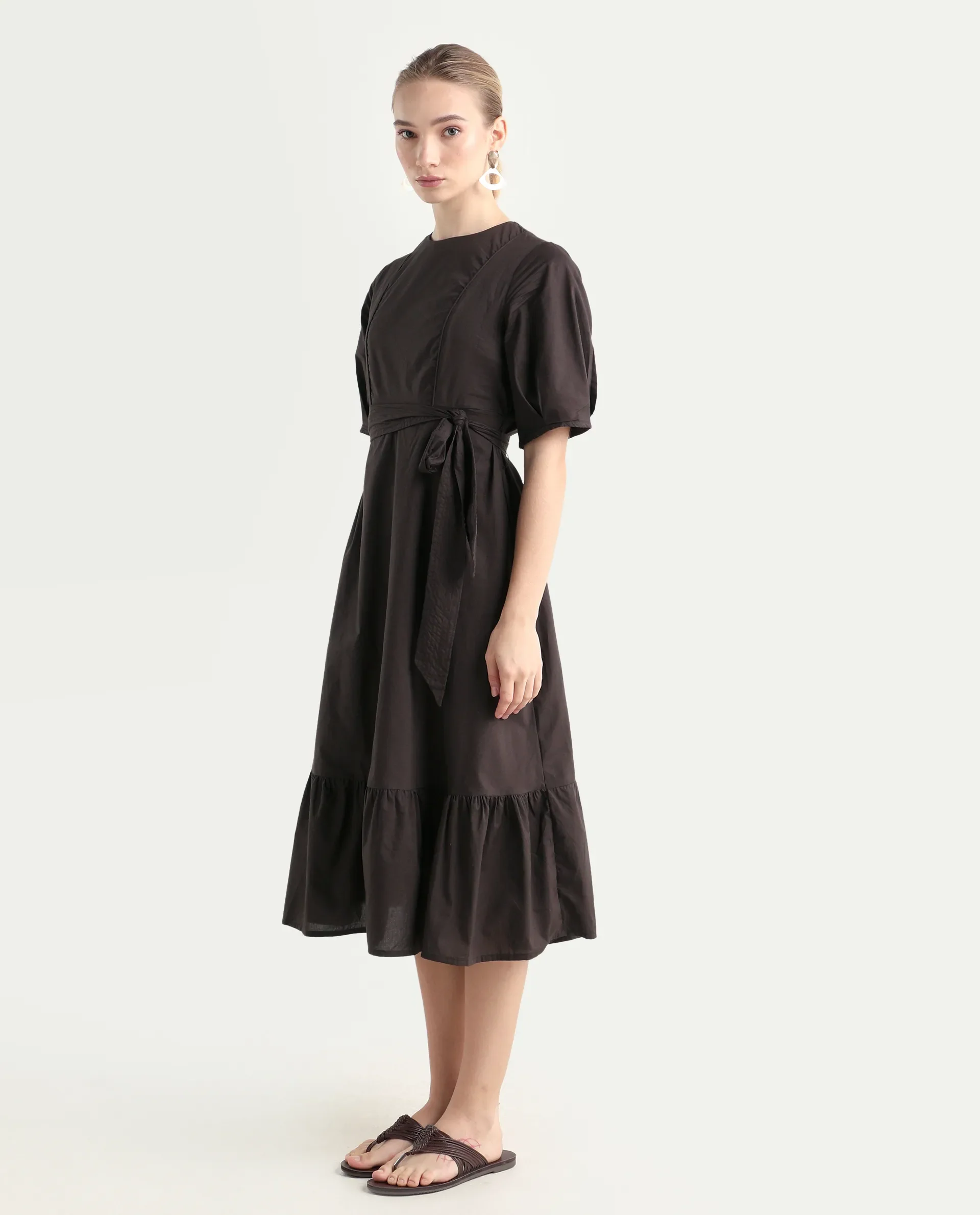 Rareism Women's Lusine Brown Crew Neck Plain Bishop Sleeve Midi Fit And Flare Dress - Image 5