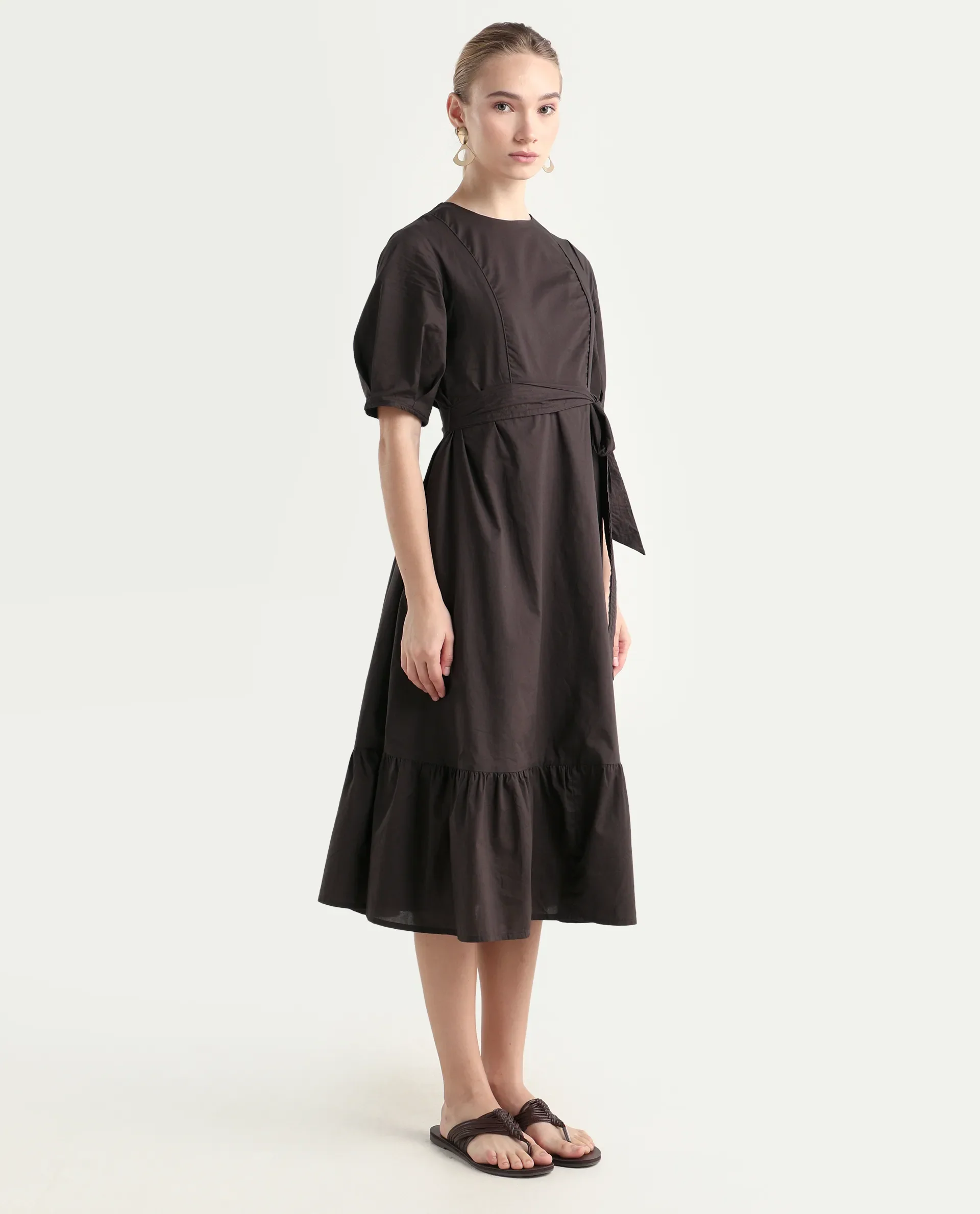 Rareism Women's Lusine Brown Crew Neck Plain Bishop Sleeve Midi Fit And Flare Dress - Image 6