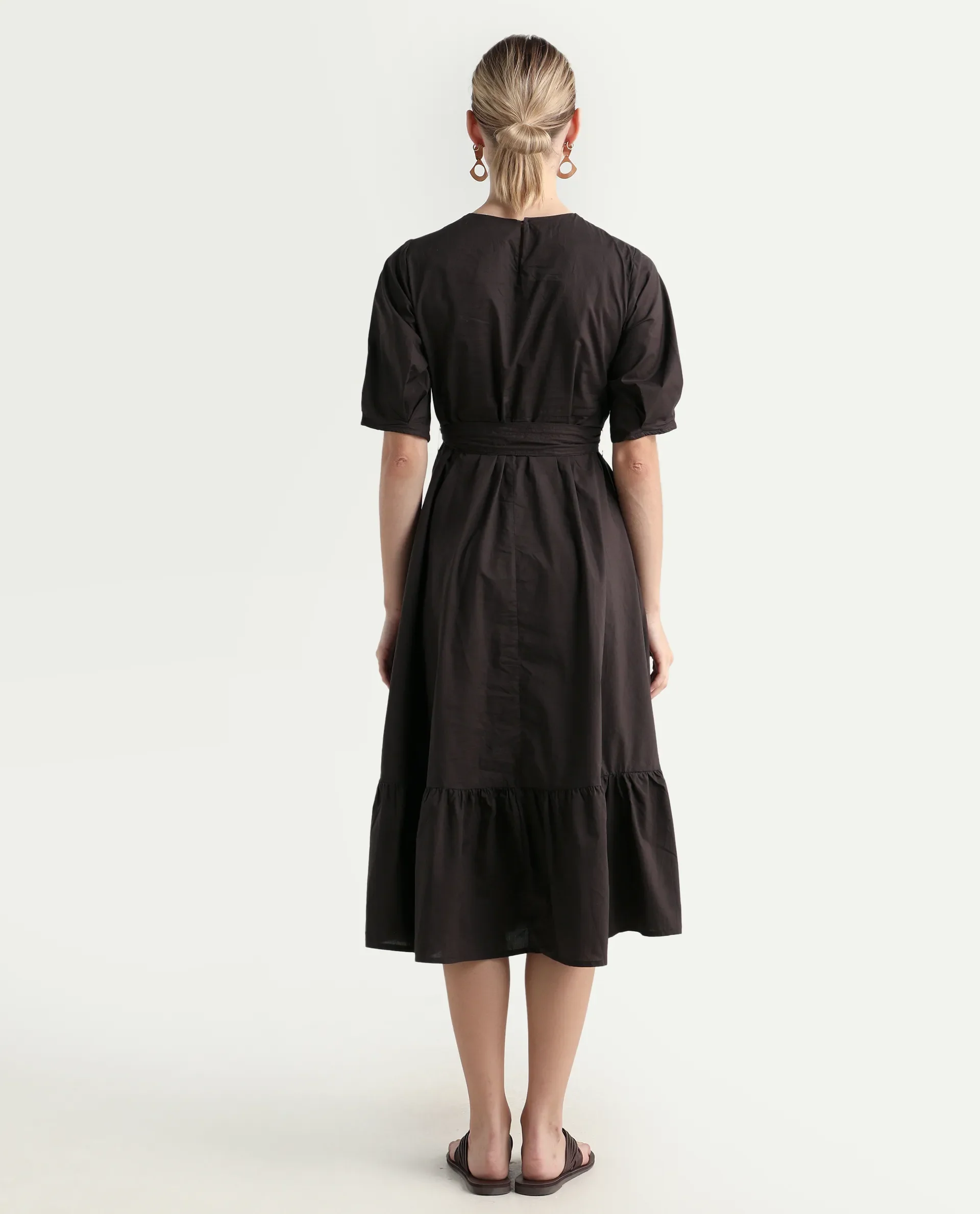 Rareism Women's Lusine Brown Crew Neck Plain Bishop Sleeve Midi Fit And Flare Dress - Image 7