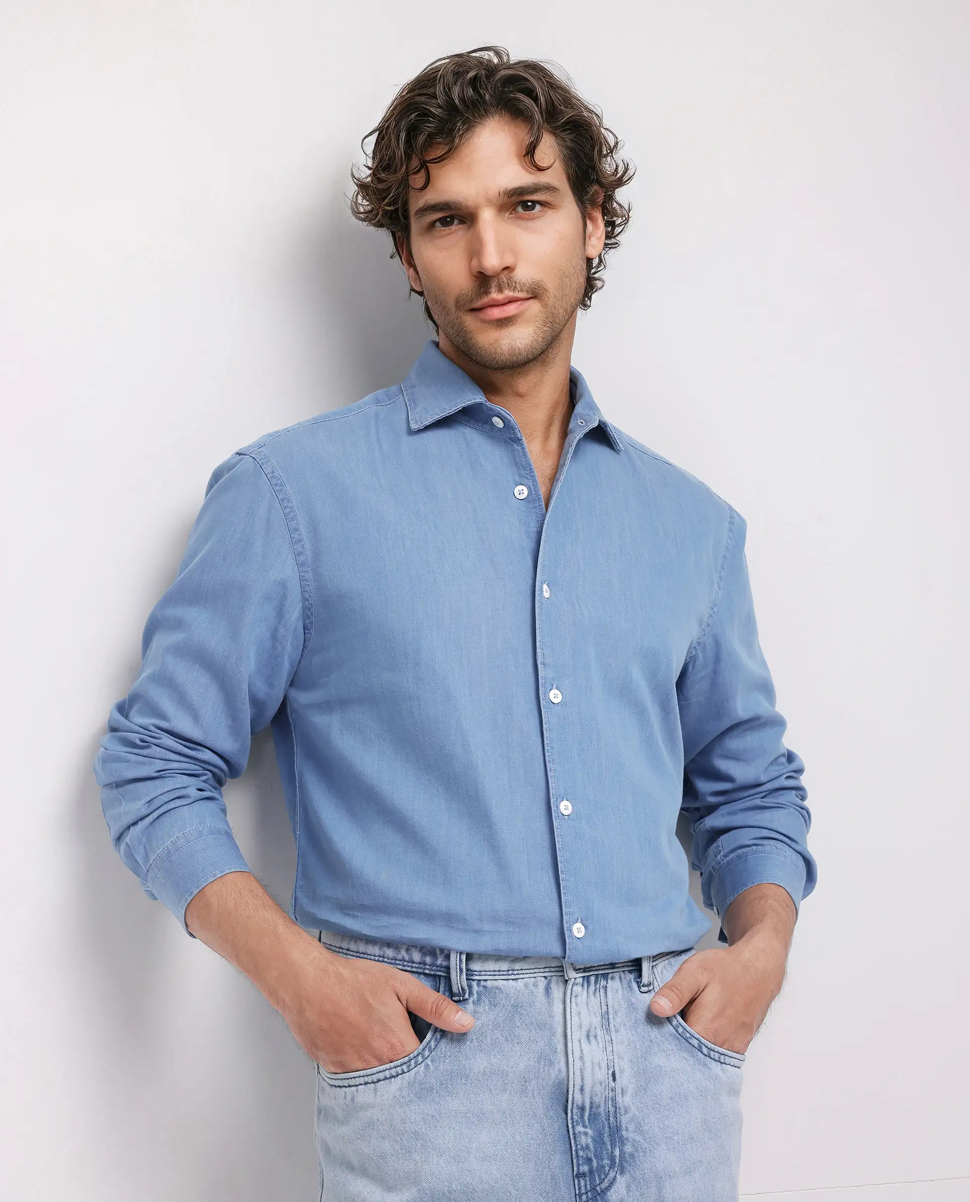 Rare Rabbit Men's Luuk Blue Cotton Blend Plain Regular Fit Full Sleeve Collared Shirt