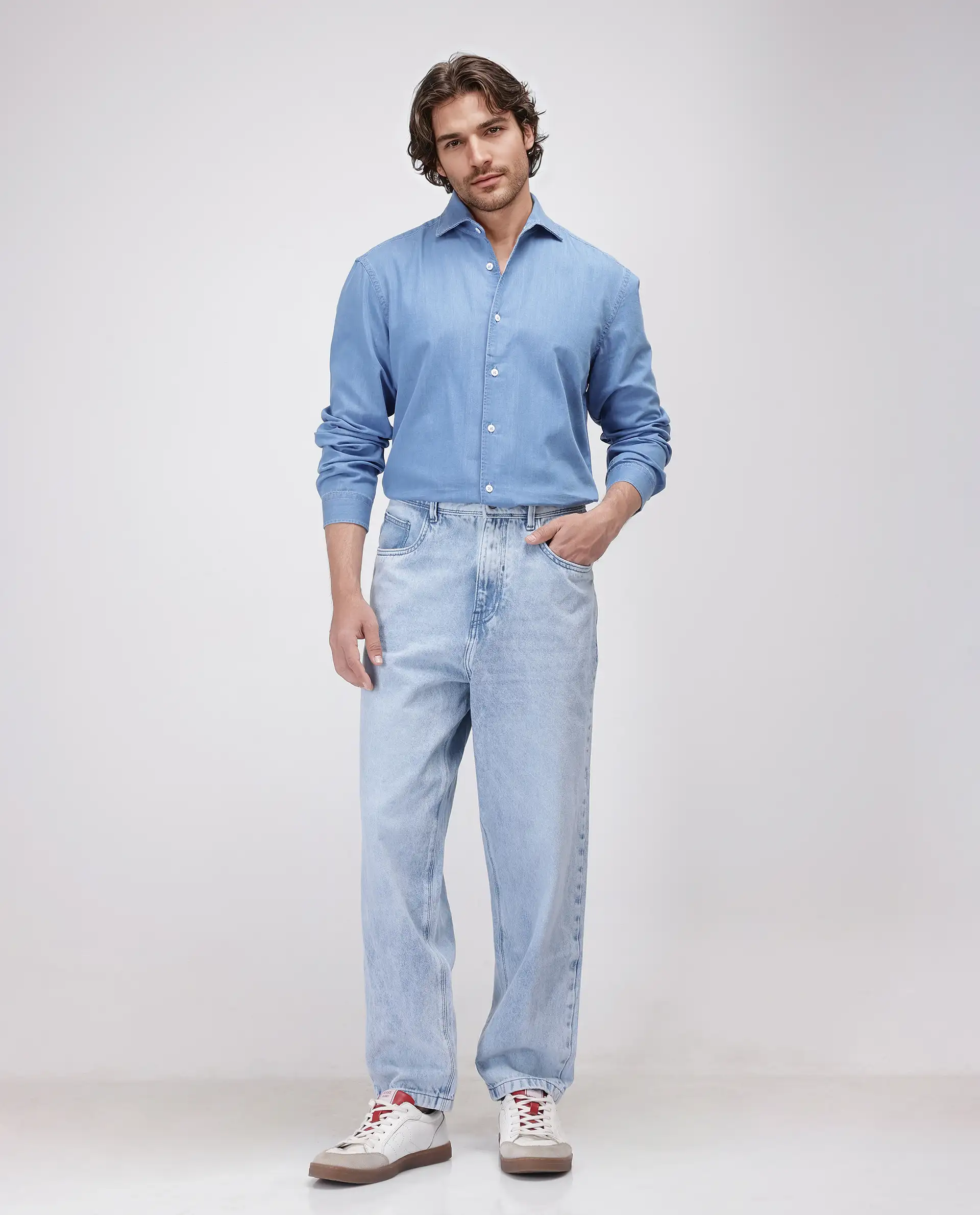 Rare Rabbit Men's Luuk Blue Cotton Blend Plain Regular Fit Full Sleeve Collared Shirt - Image 2