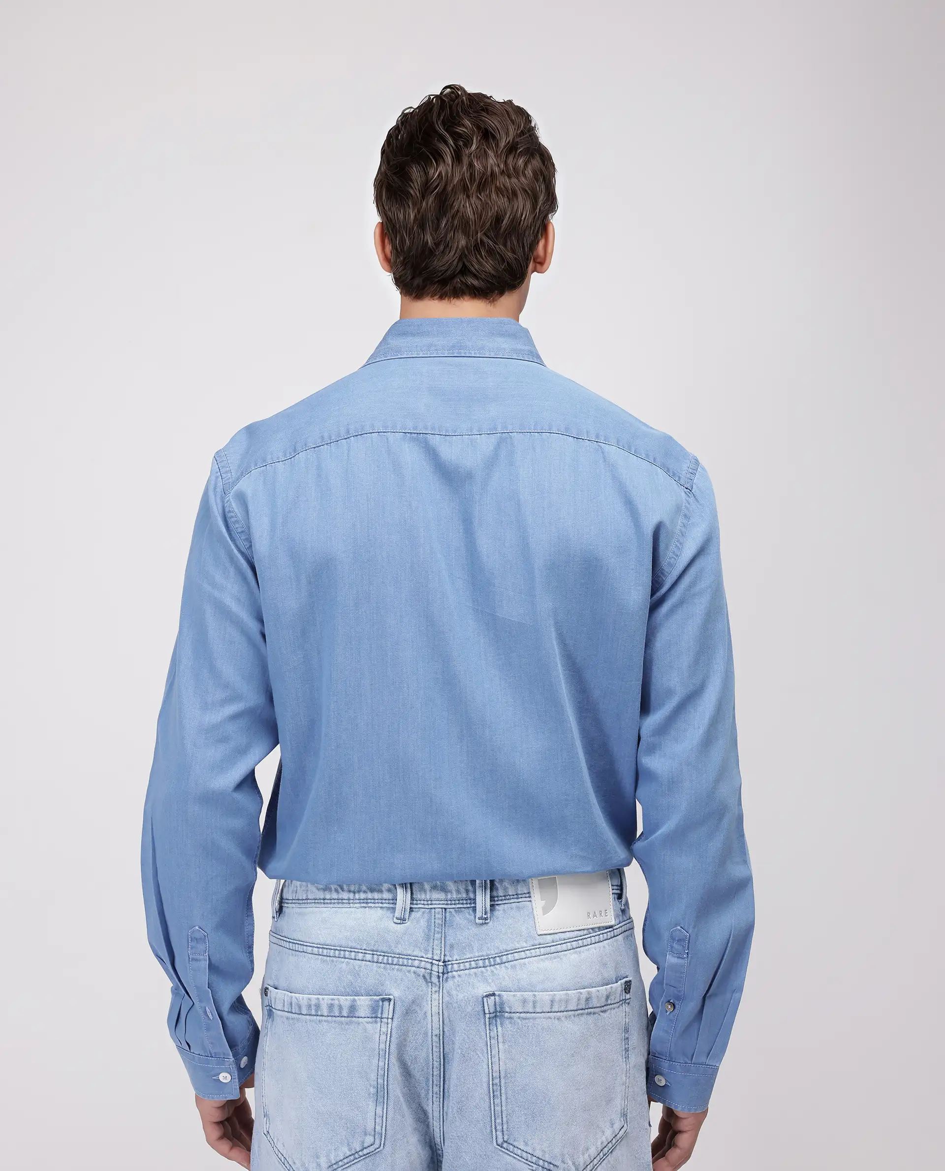Rare Rabbit Men's Luuk Blue Cotton Blend Plain Regular Fit Full Sleeve Collared Shirt - Image 4