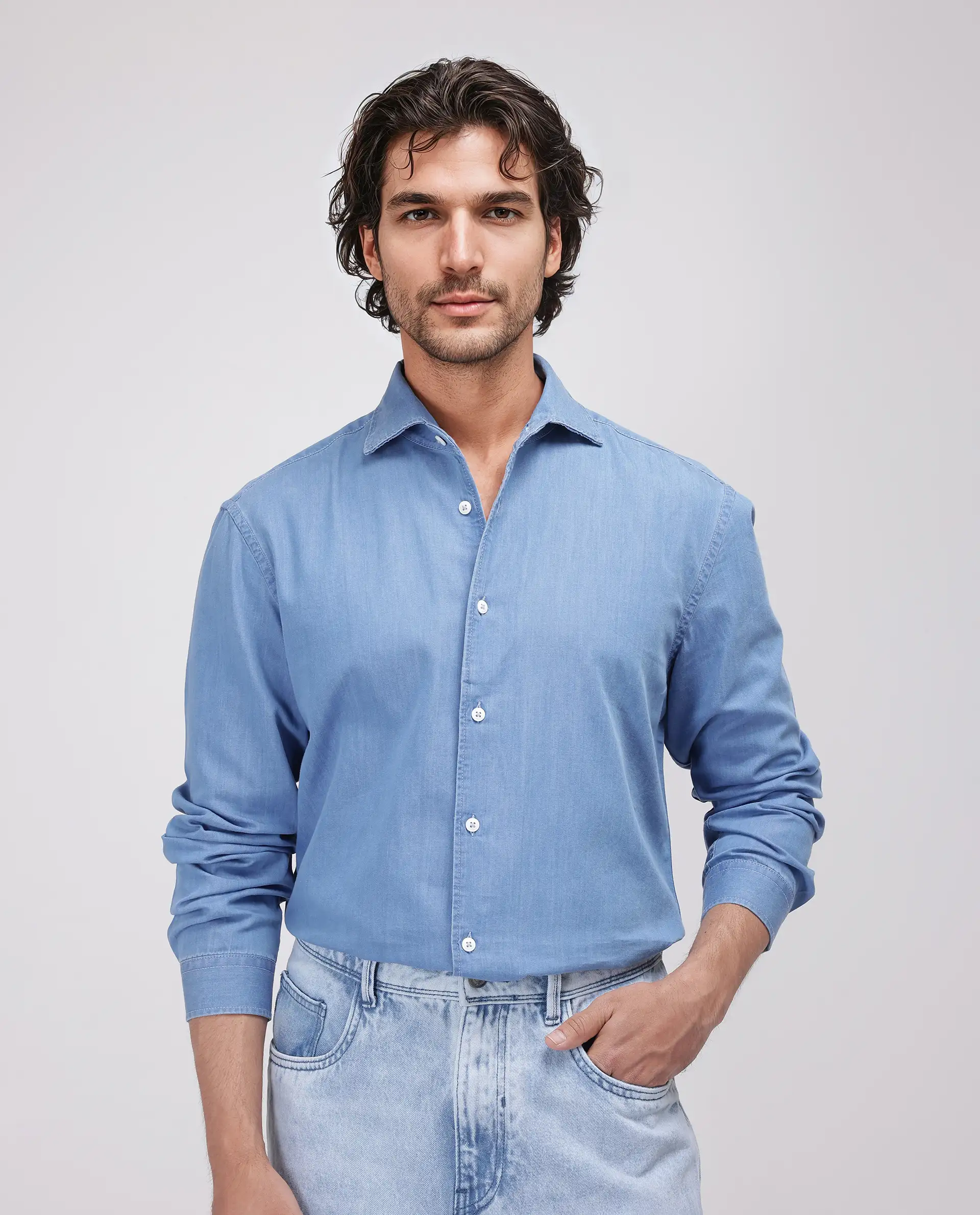 Rare Rabbit Men's Luuk Blue Cotton Blend Plain Regular Fit Full Sleeve Collared Shirt - Image 5