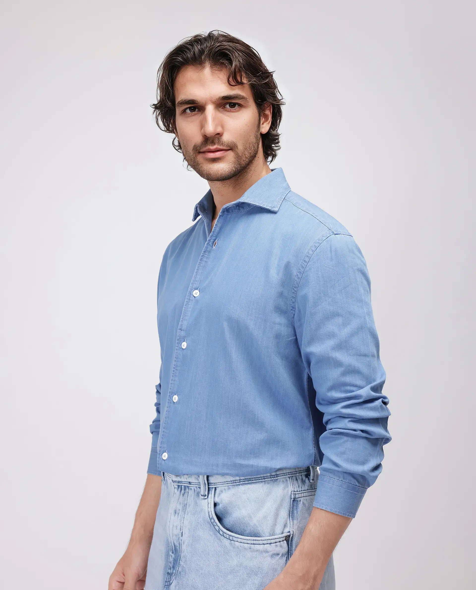 Rare Rabbit Men's Luuk Blue Cotton Blend Plain Regular Fit Full Sleeve Collared Shirt - Image 6