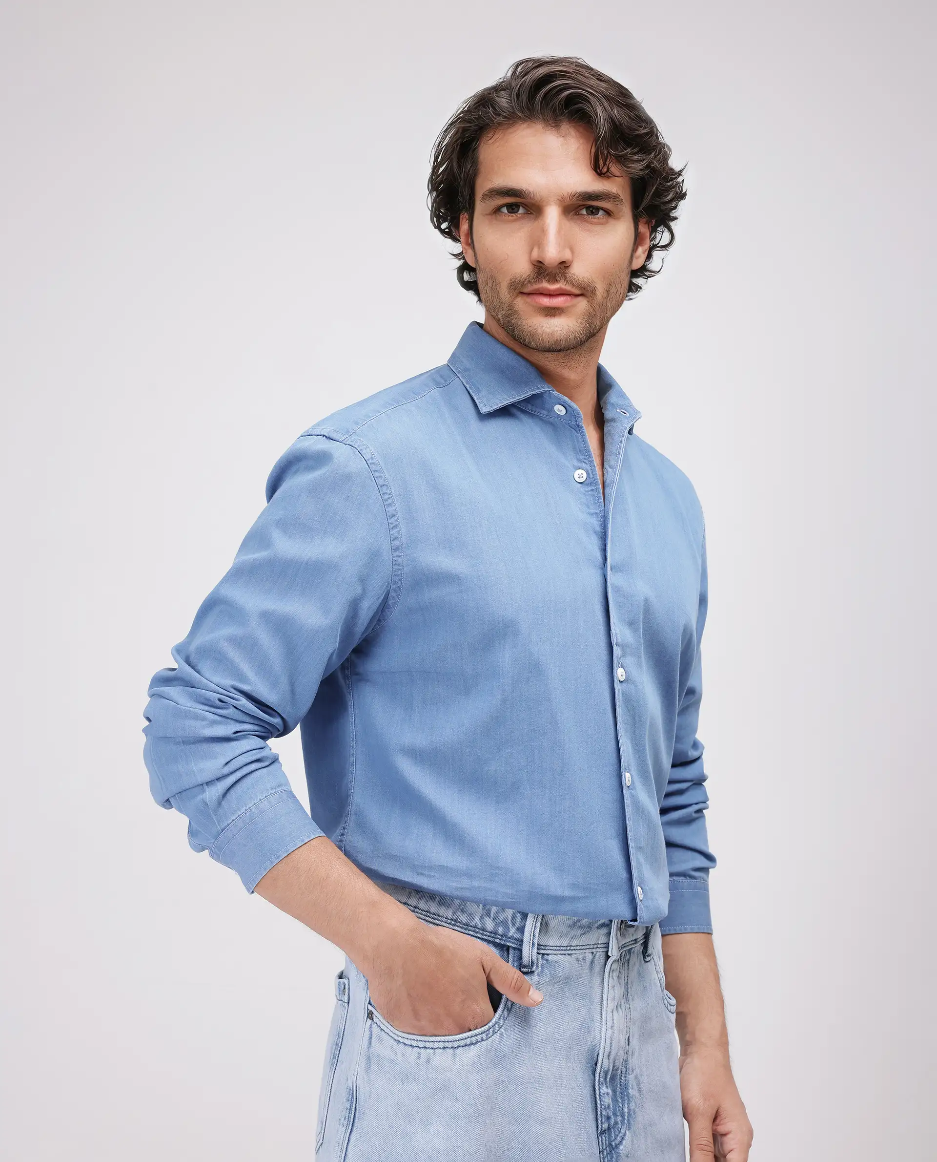 Rare Rabbit Men's Luuk Blue Cotton Blend Plain Regular Fit Full Sleeve Collared Shirt - Image 7