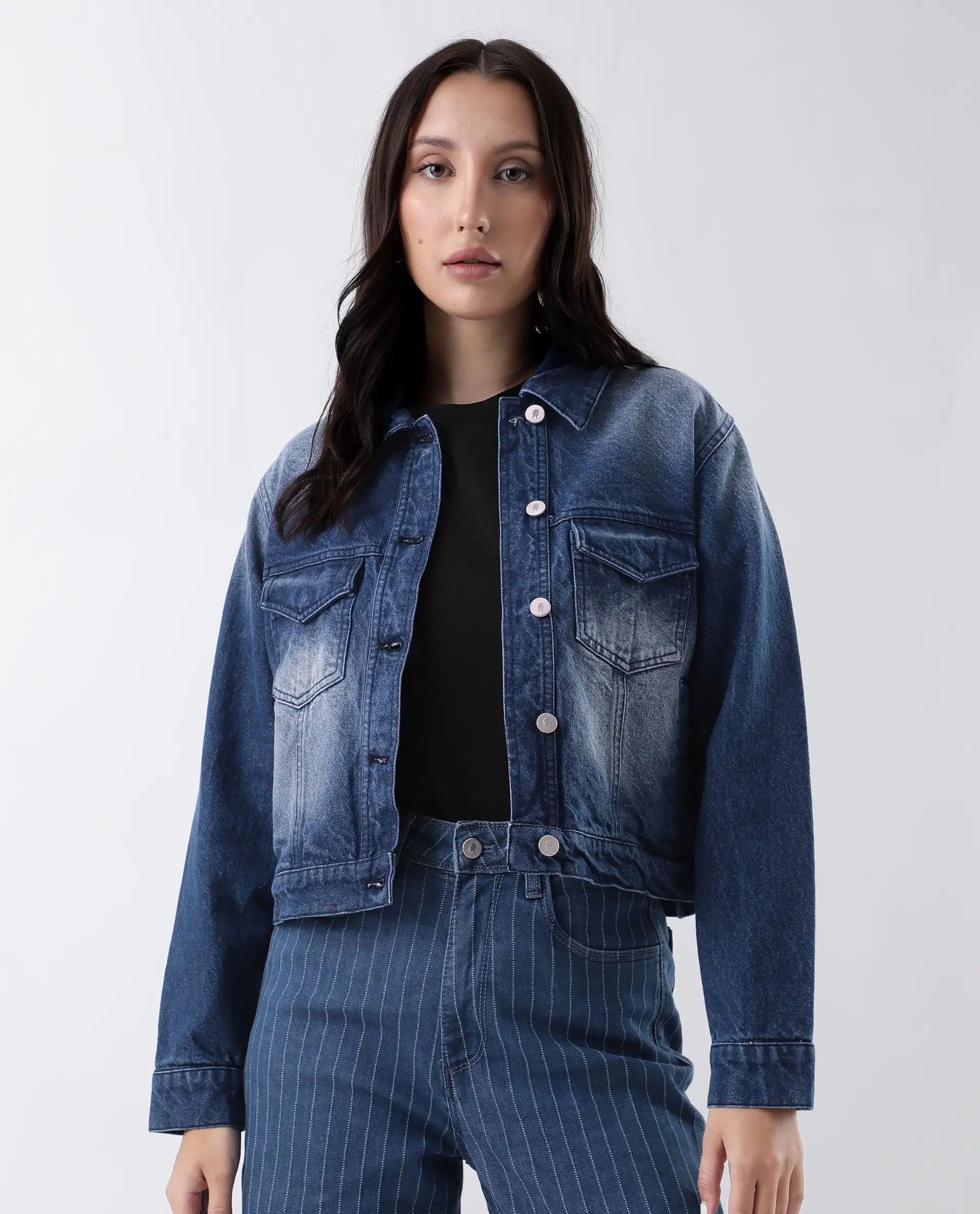Rareism Women's Luvy Blue Cotton Spread Collar Plain Cuffed Sleeve Regular Fit Jacket - Image 3