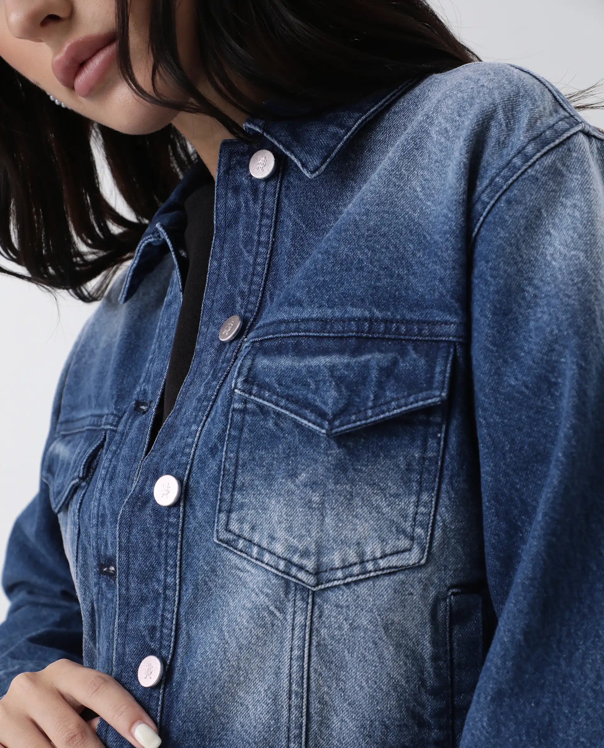 Rareism Women's Luvy Blue Cotton Spread Collar Plain Cuffed Sleeve Regular Fit Jacket - Image 5