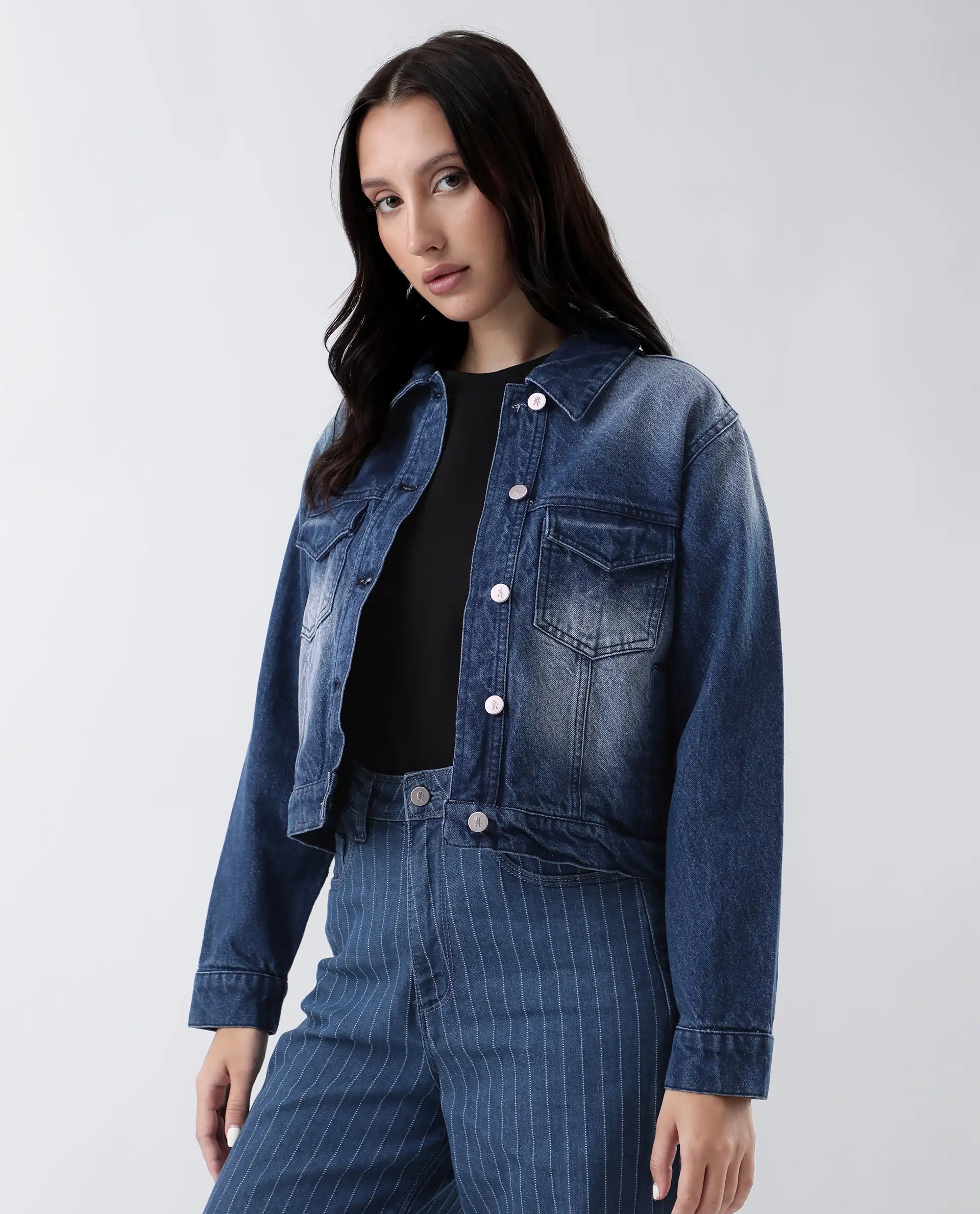 Rareism Women's Luvy Blue Cotton Spread Collar Plain Cuffed Sleeve Regular Fit Jacket - Image 6