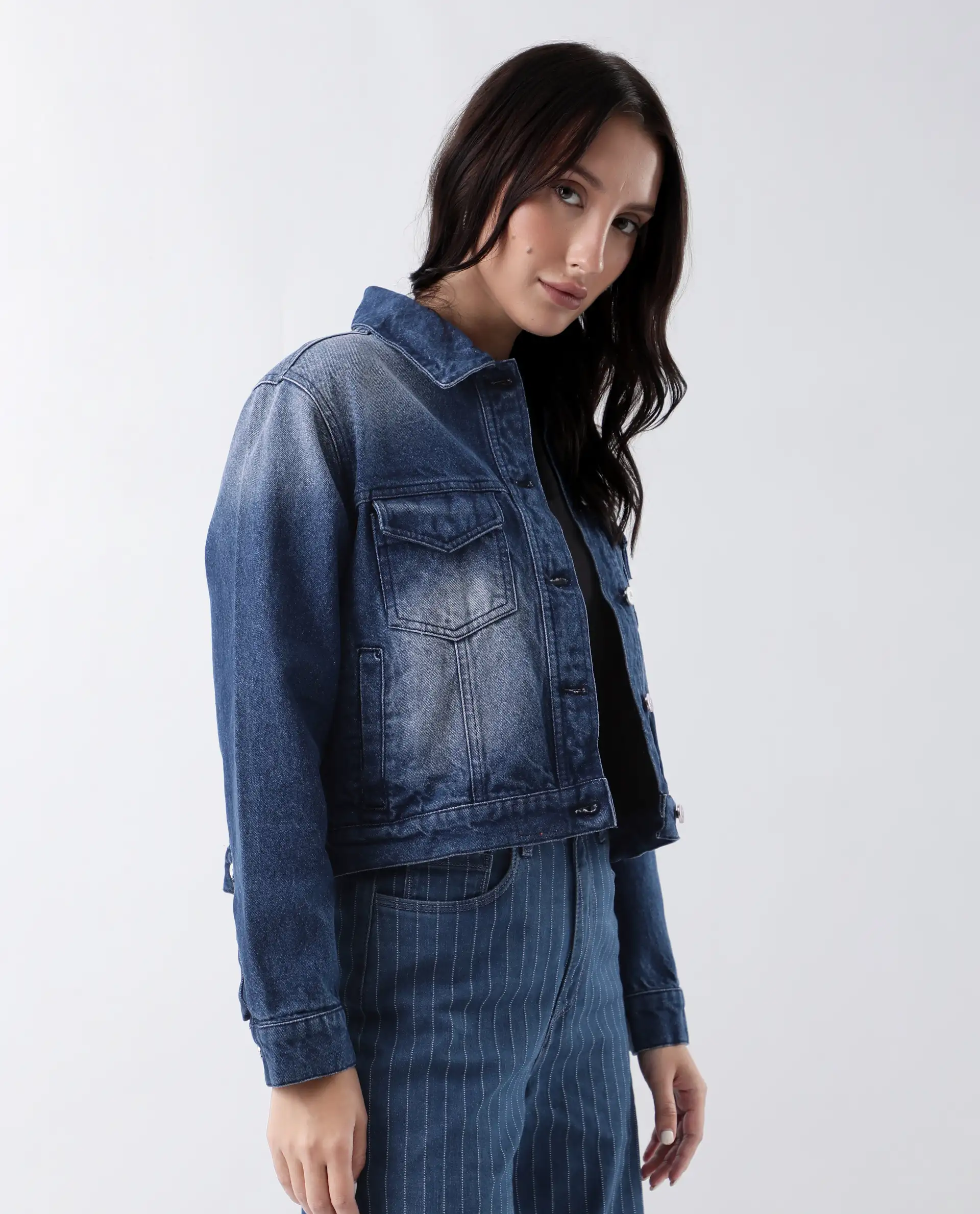 Rareism Women's Luvy Blue Cotton Spread Collar Plain Cuffed Sleeve Regular Fit Jacket - Image 7