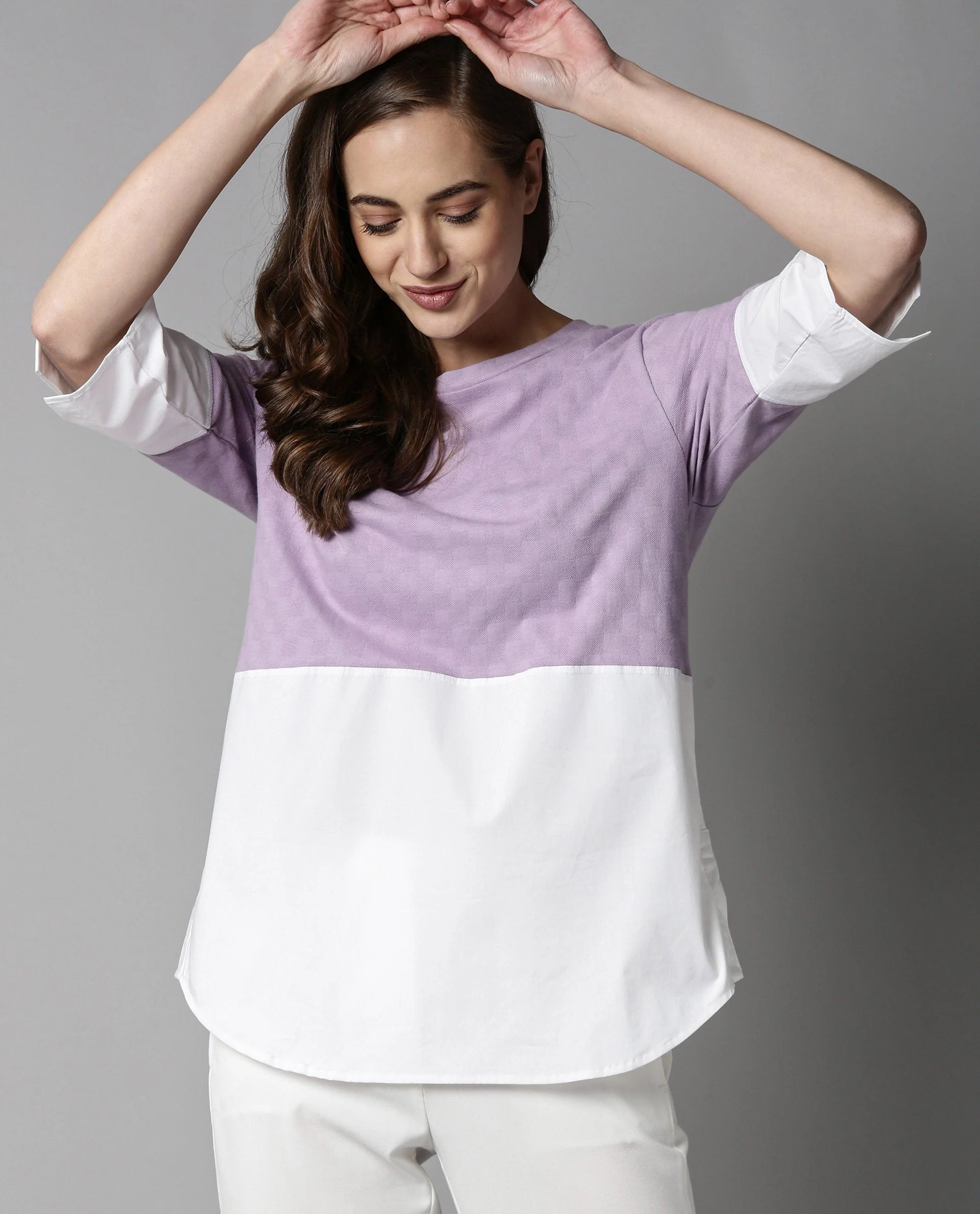 Rareism Women Lux Purple Top Knit Fabric Short Sleeves Solid