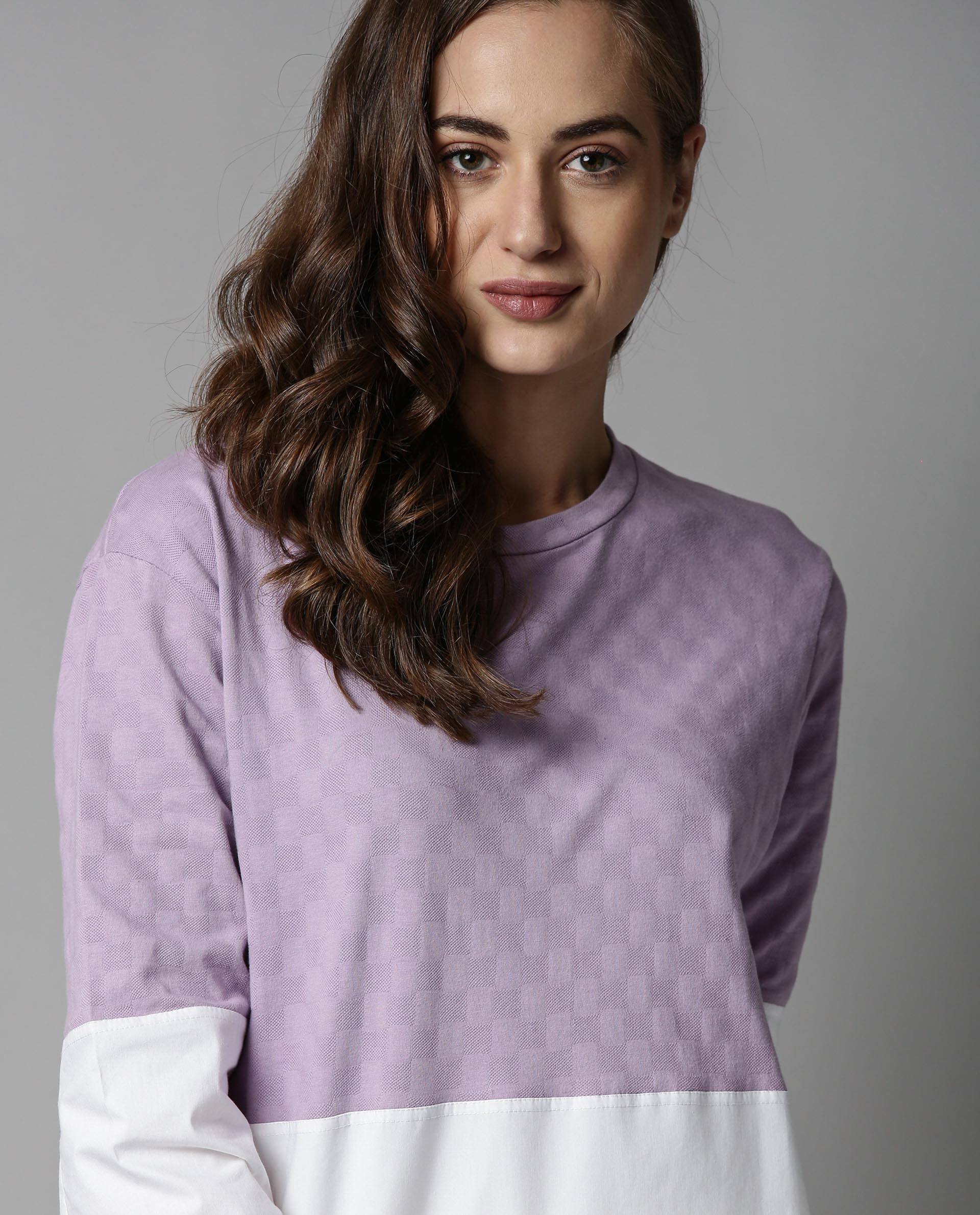 Rareism Women Lux Purple Top Knit Fabric Short Sleeves Solid - Image 2