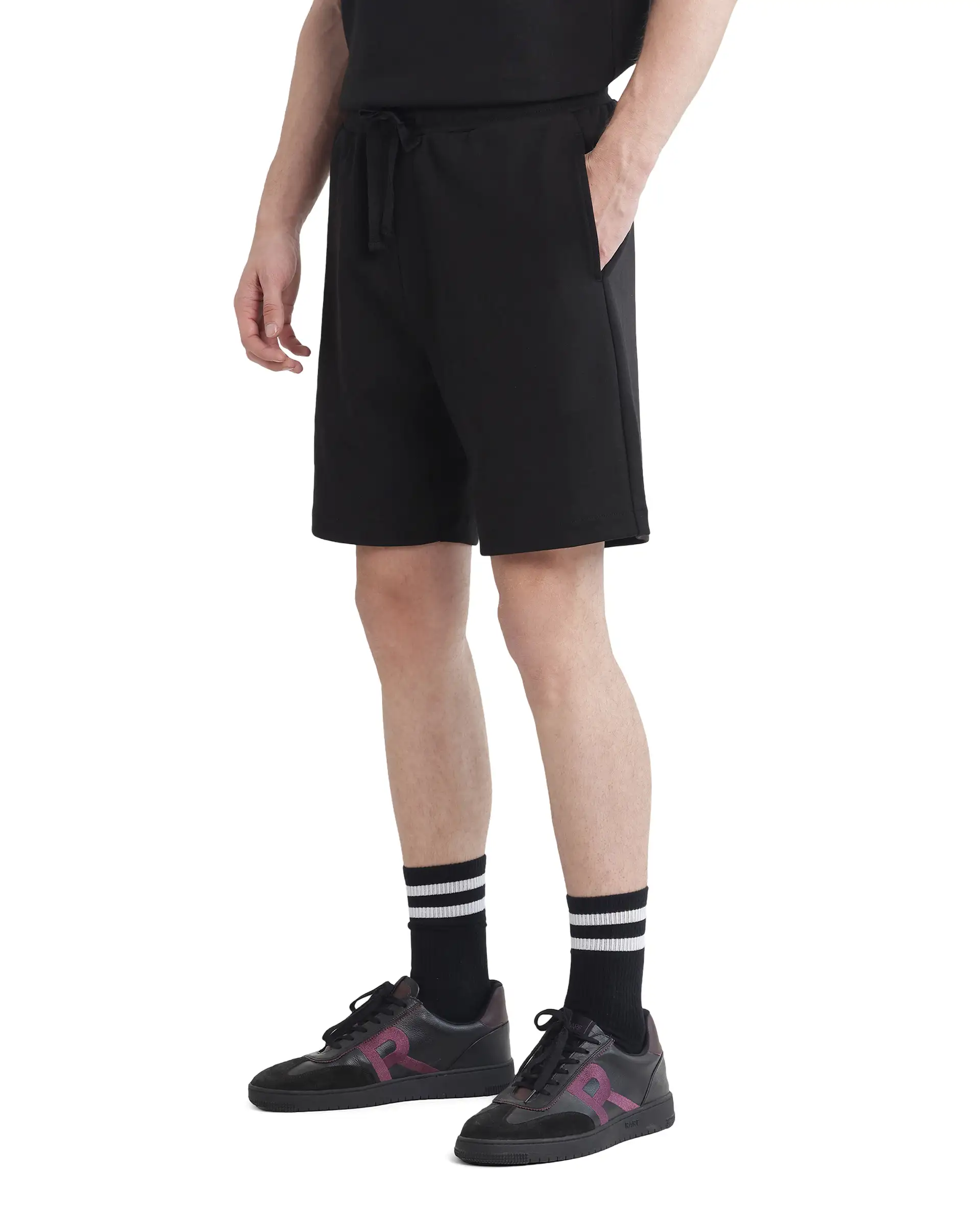 Rare Rabbit Men's Lux Black Cotton Blend Plain Relaxed Fit Shorts - Image 8