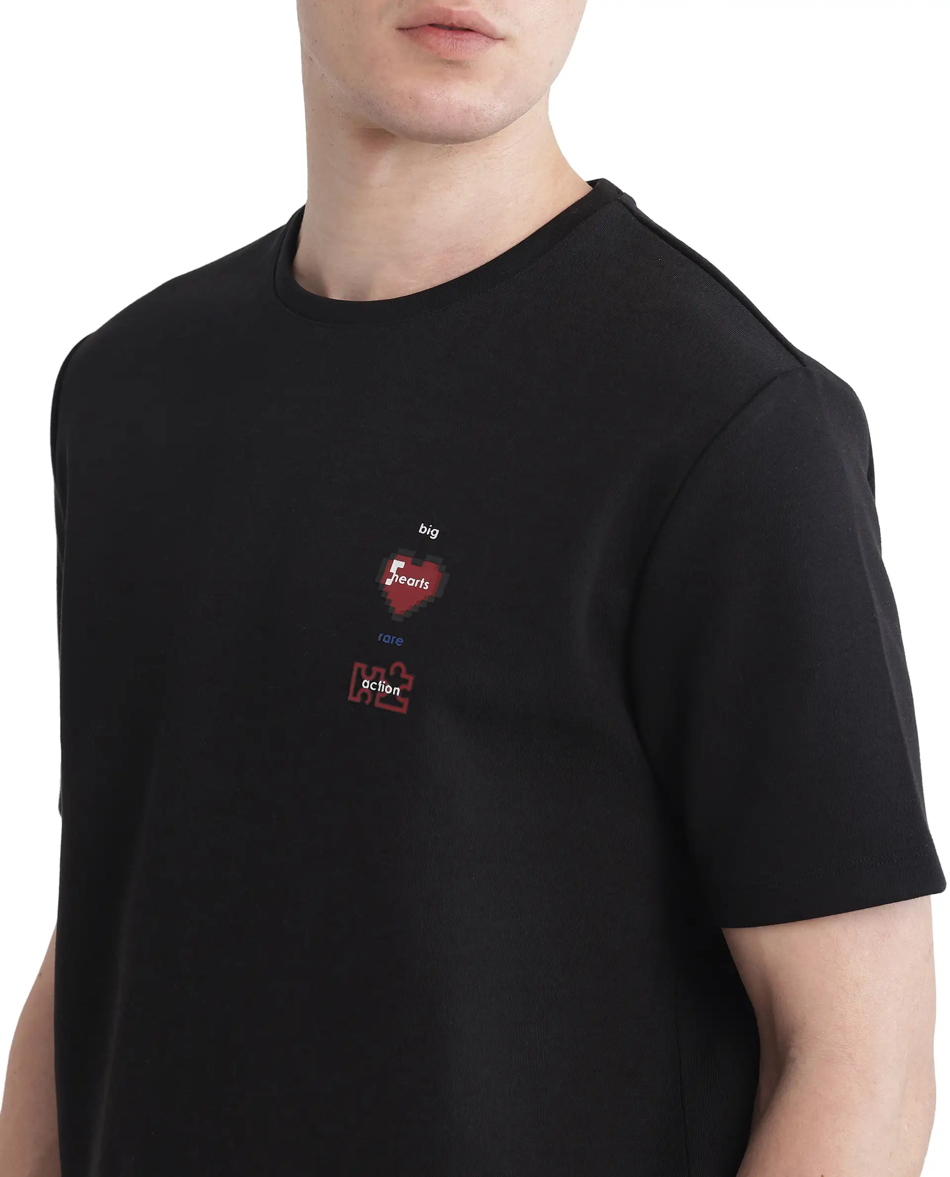 Rare Rabbit Men's Luxa Black Cotton Blend Graphic Print Regular Fit Half Sleeve Crew Neck T-Shirt - Image 3