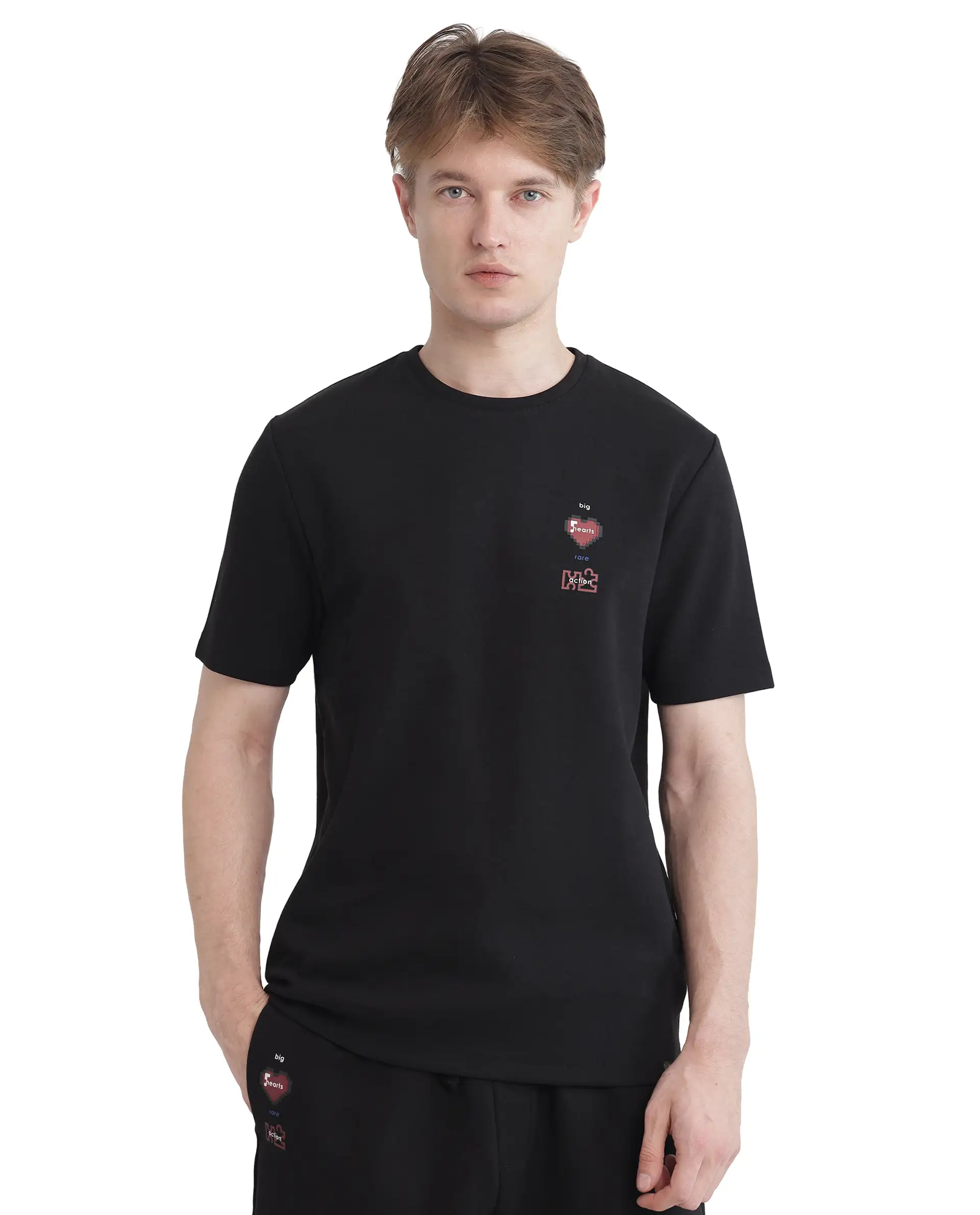 Rare Rabbit Men's Luxa Black Cotton Blend Graphic Print Regular Fit Half Sleeve Crew Neck T-Shirt - Image 5