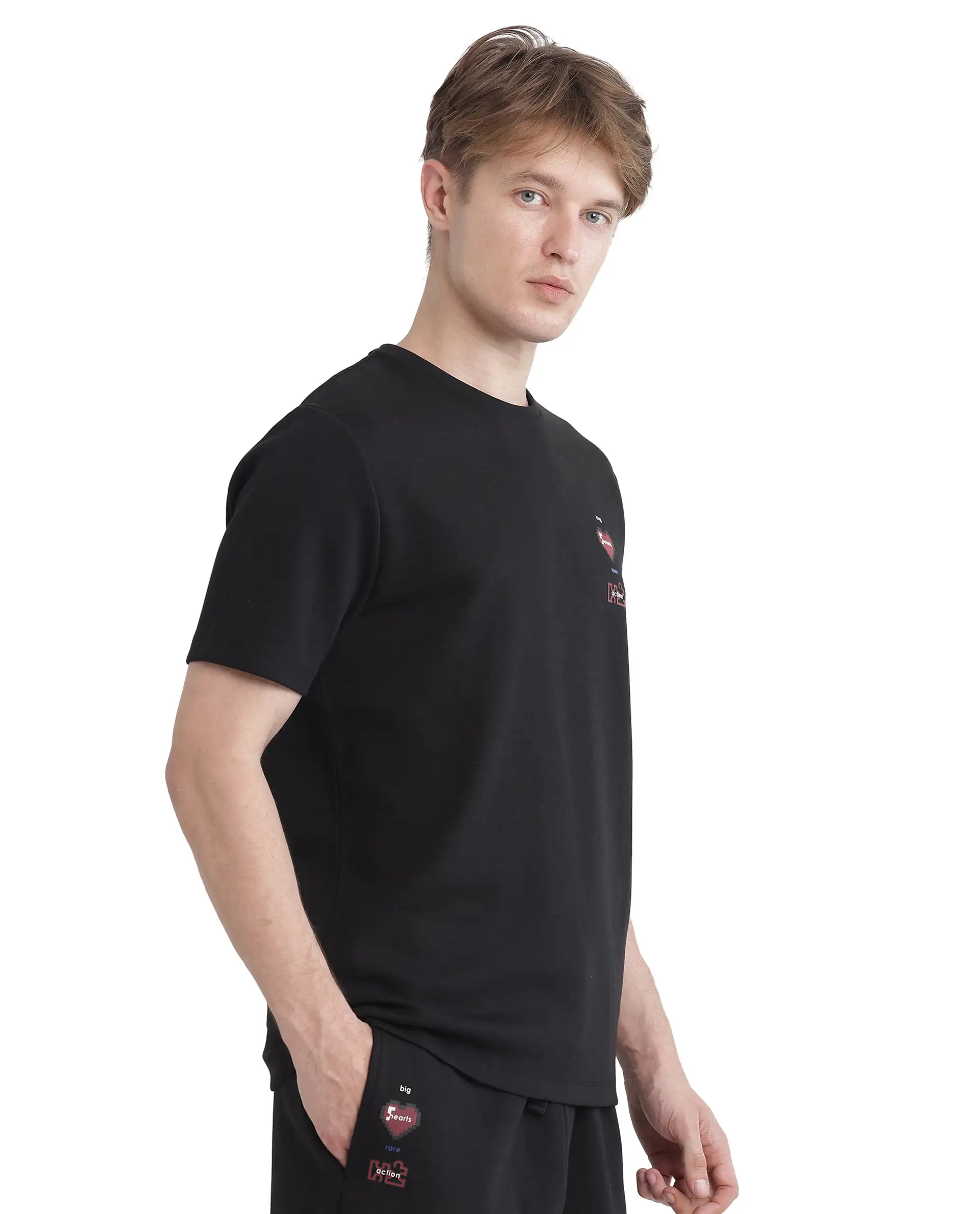 Rare Rabbit Men's Luxa Black Cotton Blend Graphic Print Regular Fit Half Sleeve Crew Neck T-Shirt - Image 6