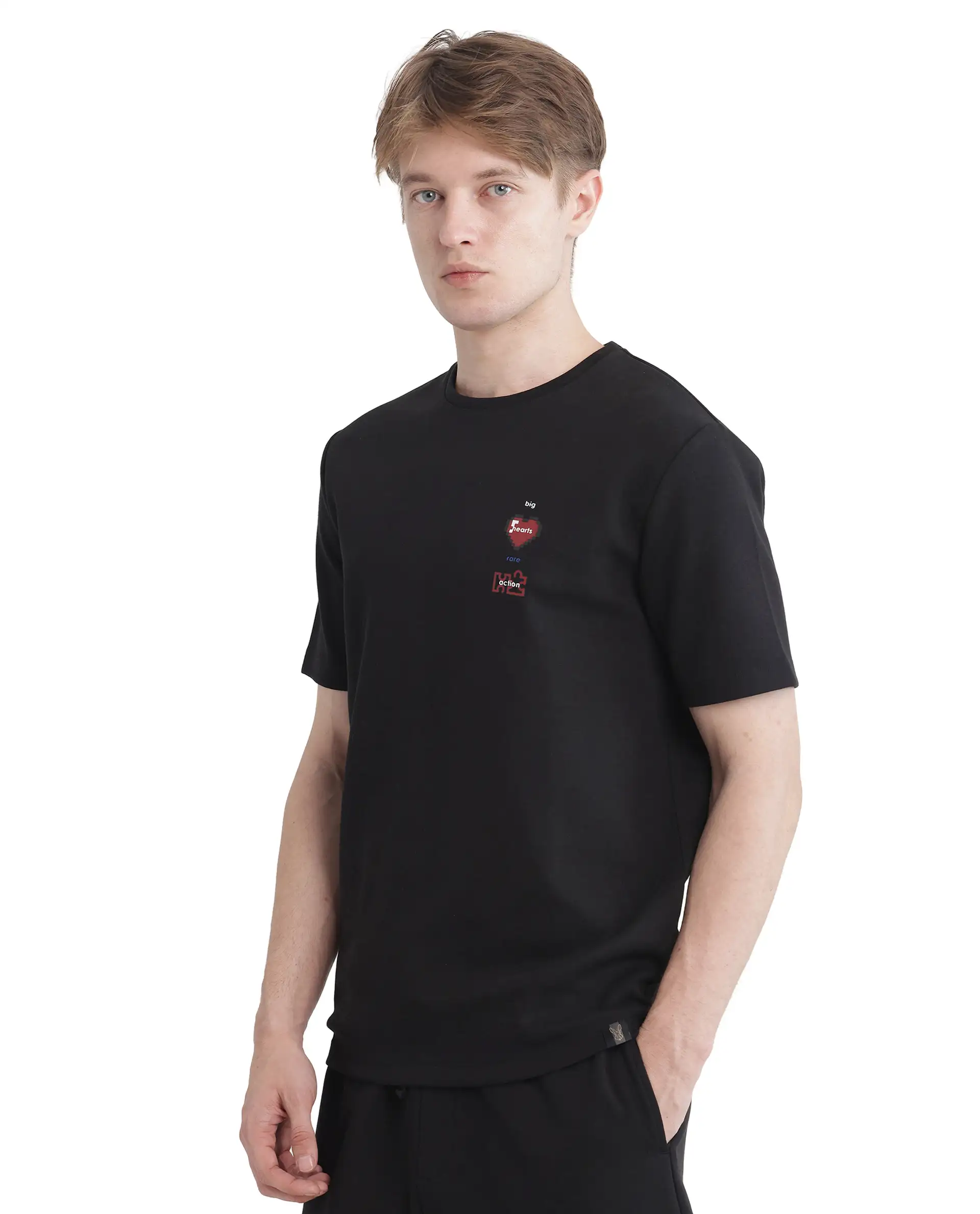 Rare Rabbit Men's Luxa Black Cotton Blend Graphic Print Regular Fit Half Sleeve Crew Neck T-Shirt - Image 7