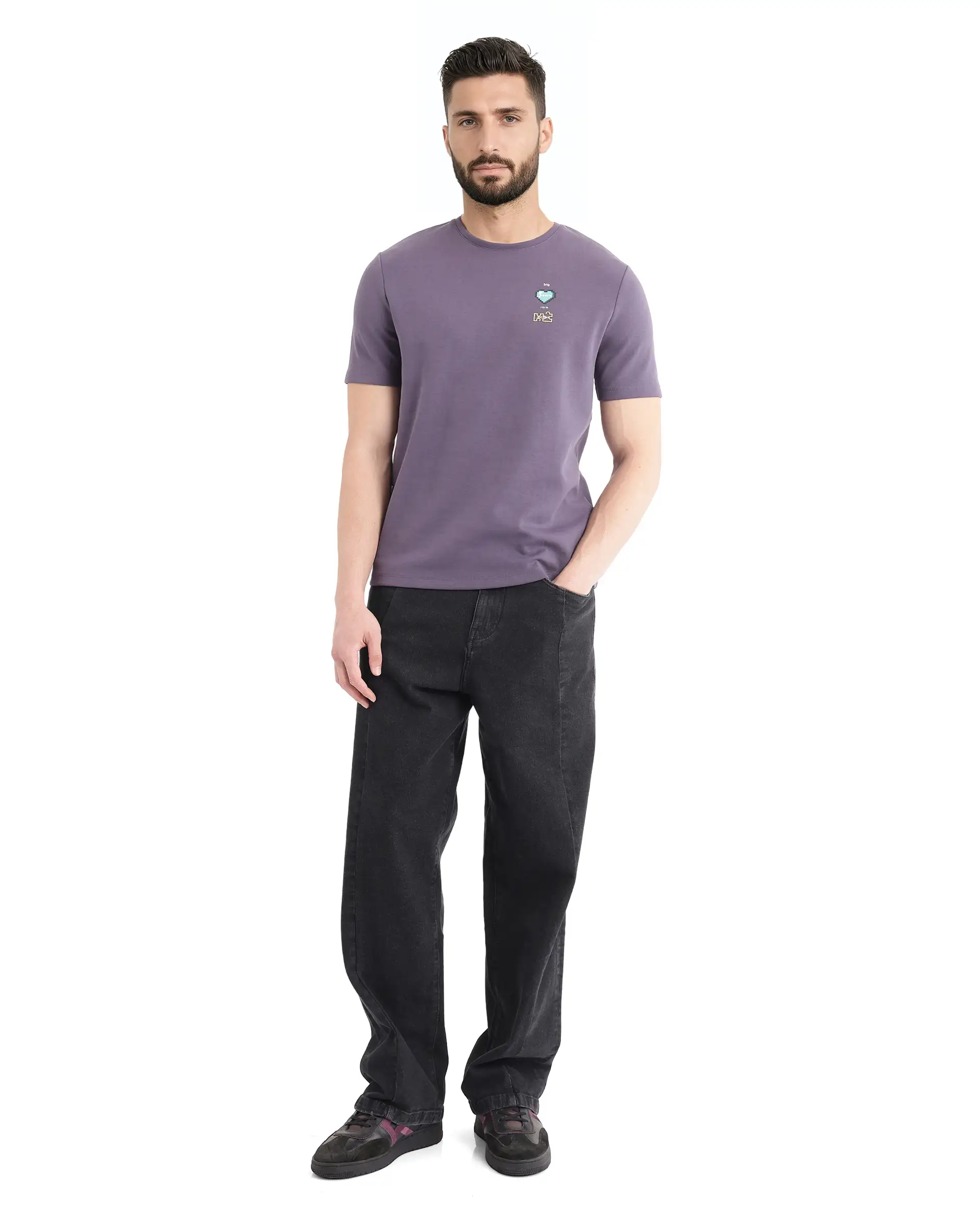 Rare Rabbit Men's Luxa Pastel Purple Cotton Blend Graphic Print Regular Fit Half Sleeve Crew Neck T-Shirt - Image 2