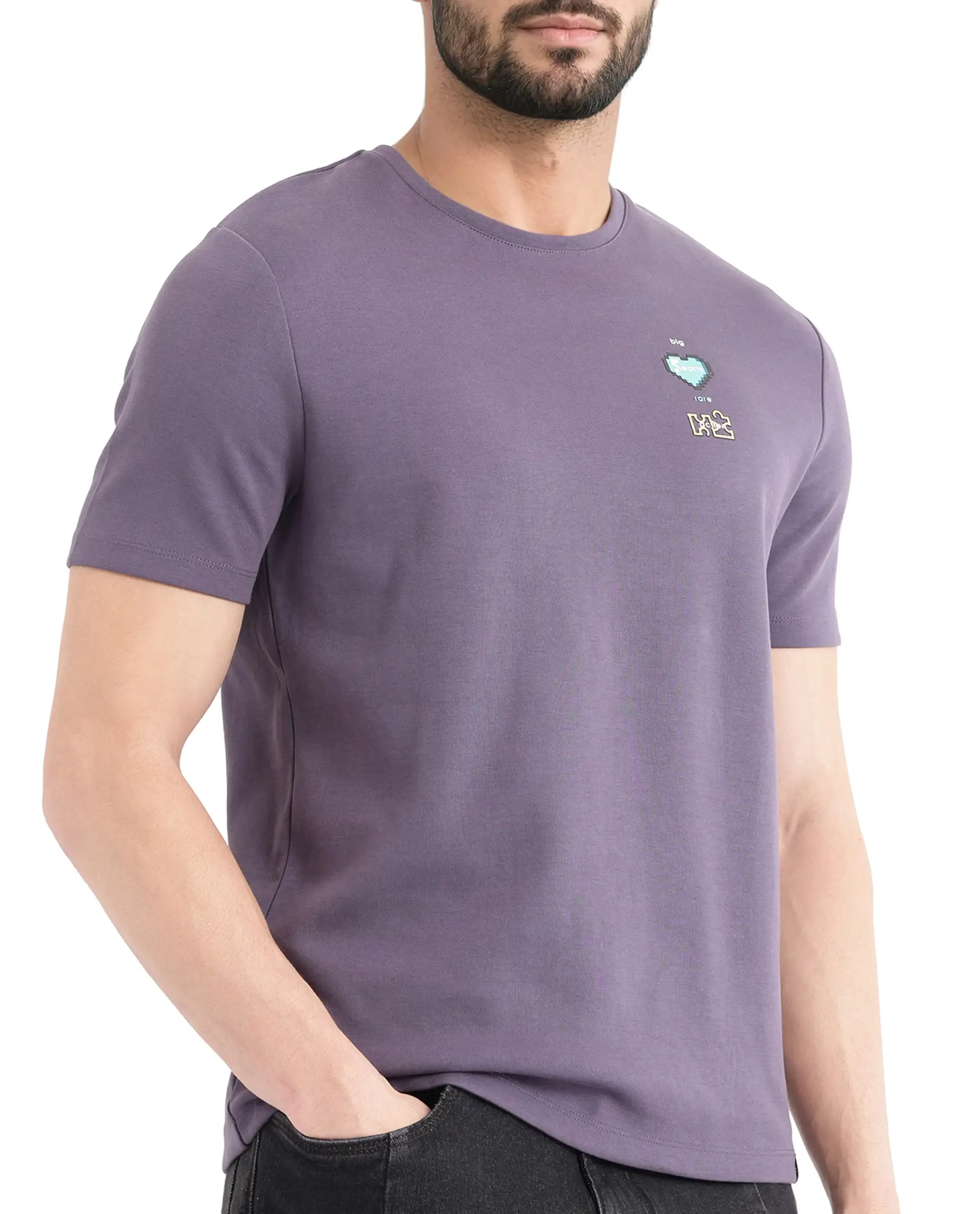 Rare Rabbit Men's Luxa Pastel Purple Cotton Blend Graphic Print Regular Fit Half Sleeve Crew Neck T-Shirt - Image 3