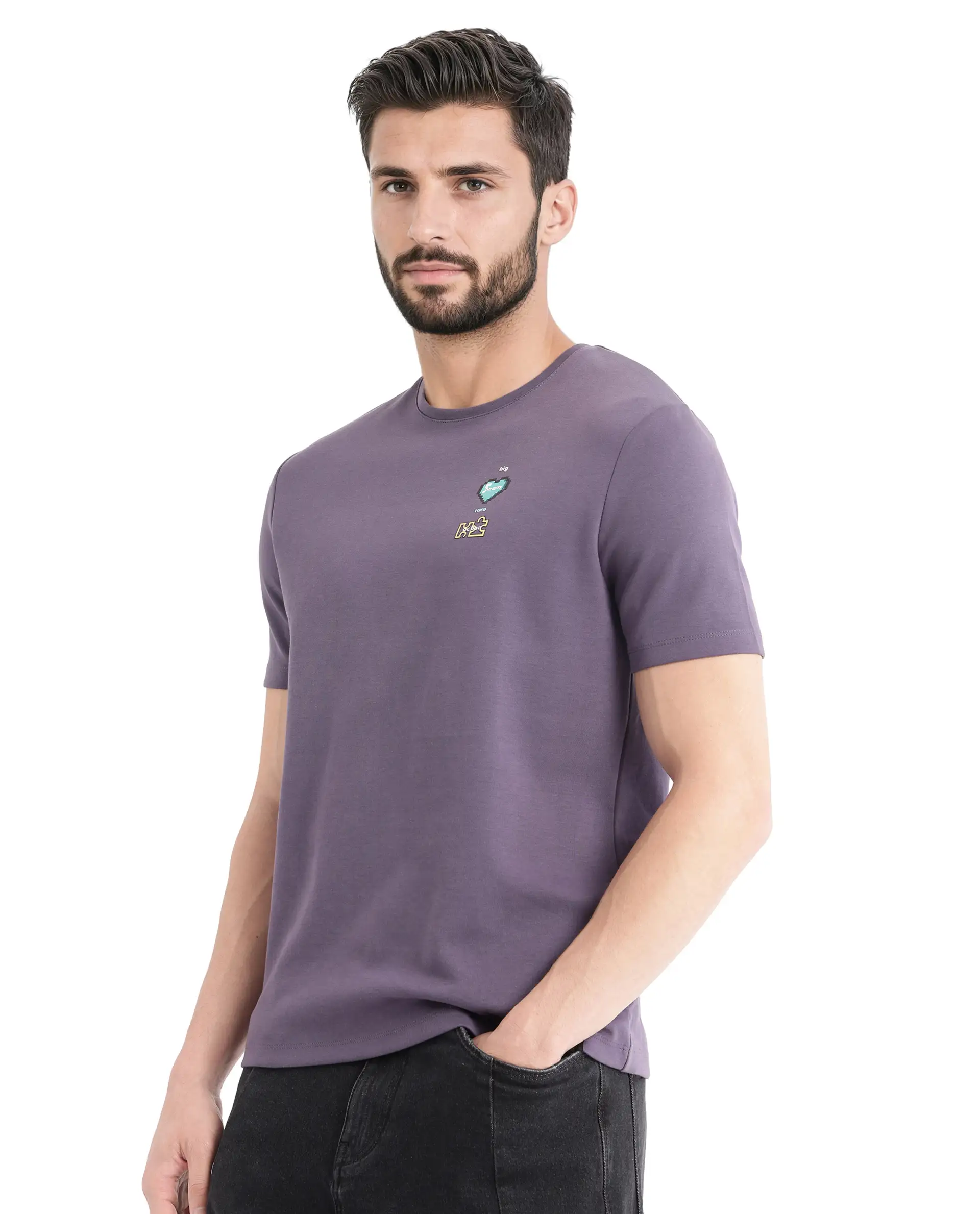 Rare Rabbit Men's Luxa Pastel Purple Cotton Blend Graphic Print Regular Fit Half Sleeve Crew Neck T-Shirt - Image 6