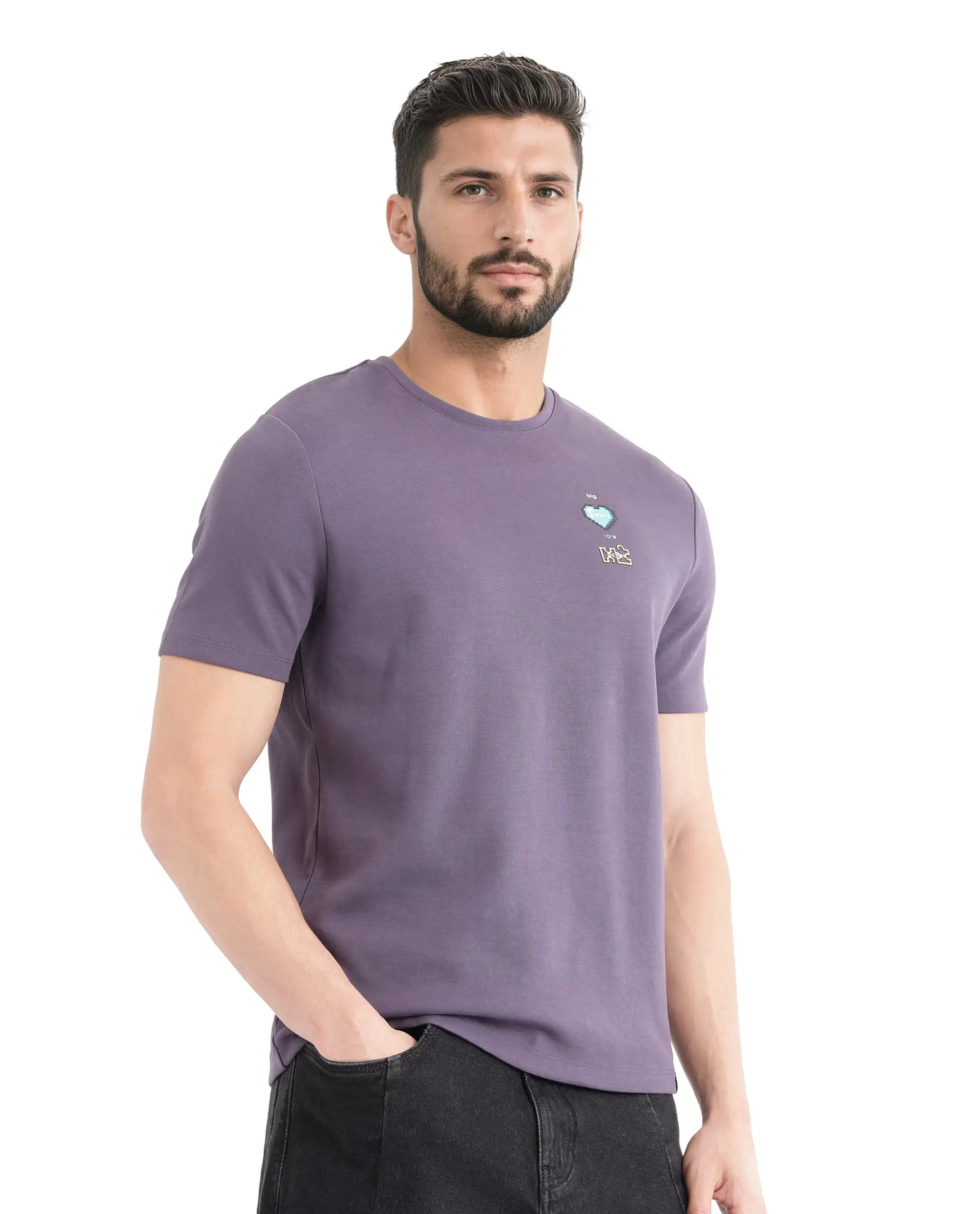 Rare Rabbit Men's Luxa Pastel Purple Cotton Blend Graphic Print Regular Fit Half Sleeve Crew Neck T-Shirt - Image 7
