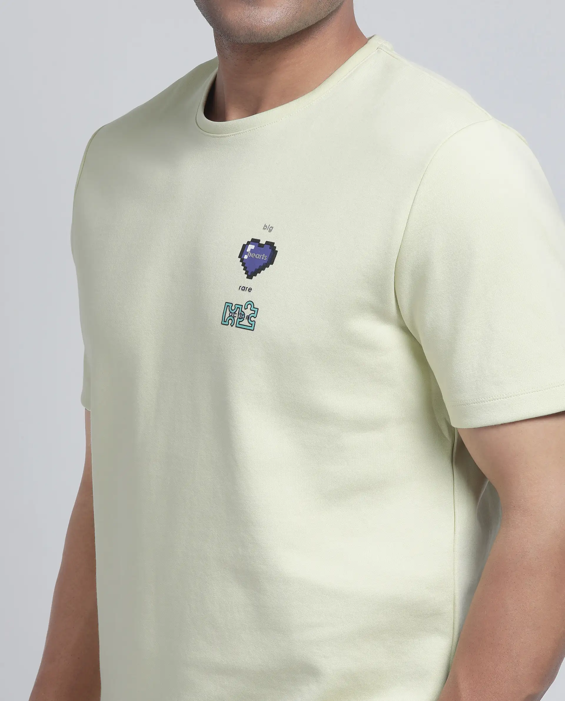 Rare Rabbit Men's Luxa Pastel Yellow Cotton Blend Graphic Print Regular Fit Half Sleeve Crew Neck T-Shirt - Image 3