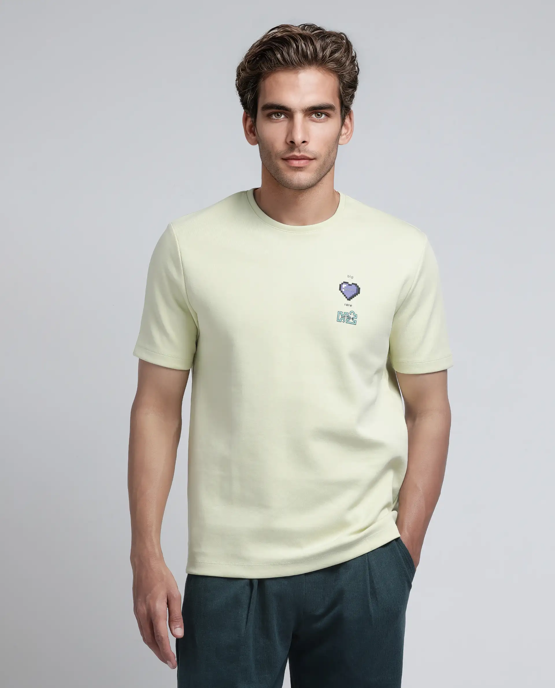 Rare Rabbit Men's Luxa Pastel Yellow Cotton Blend Graphic Print Regular Fit Half Sleeve Crew Neck T-Shirt - Image 6