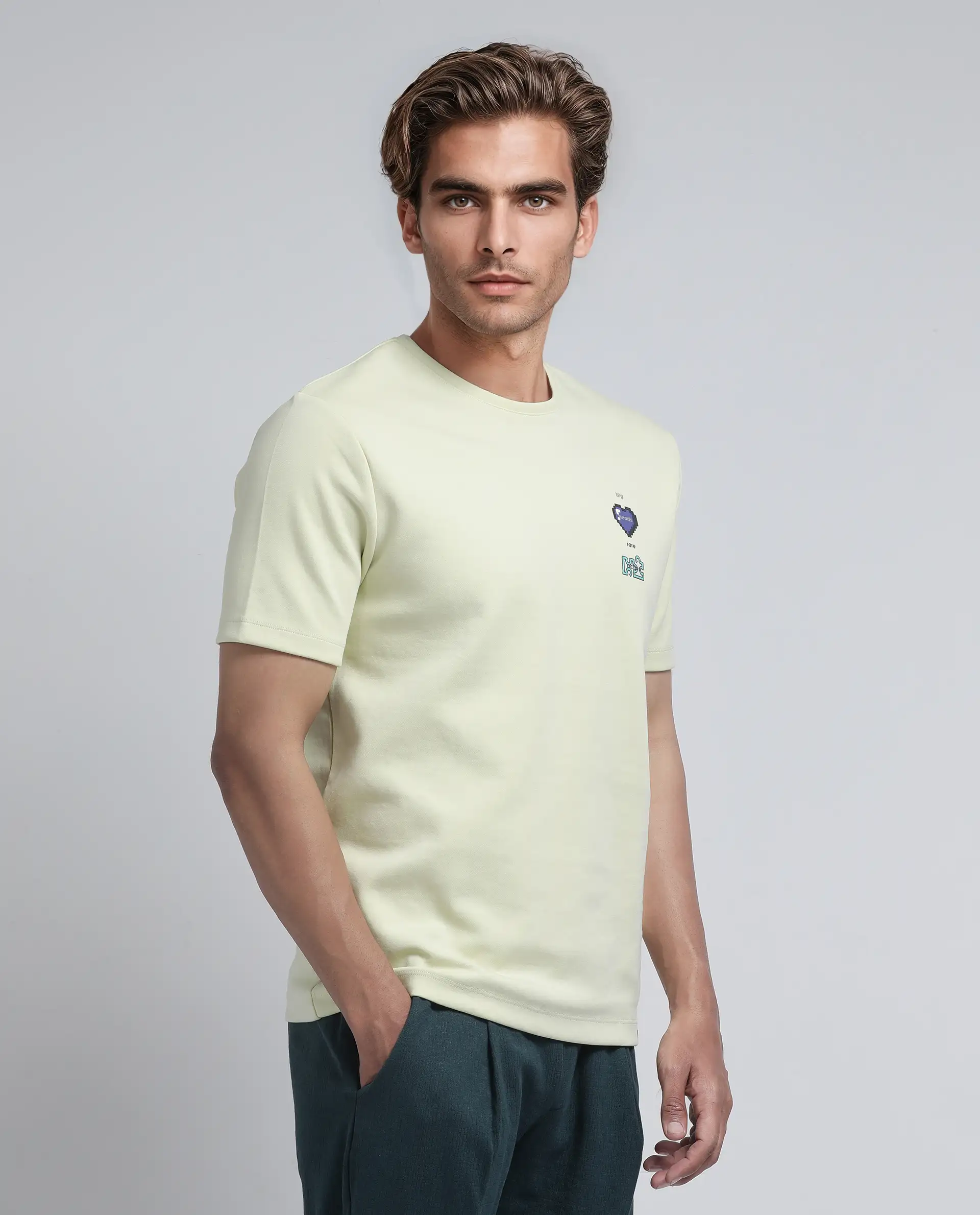 Rare Rabbit Men's Luxa Pastel Yellow Cotton Blend Graphic Print Regular Fit Half Sleeve Crew Neck T-Shirt - Image 8