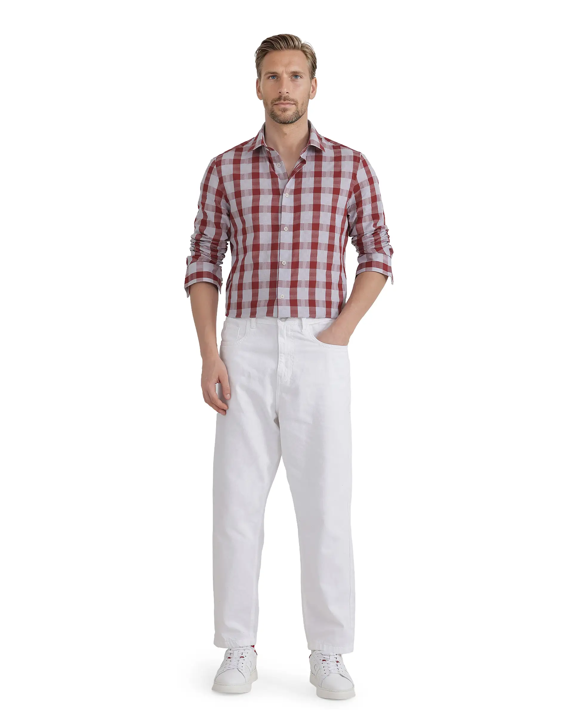 Rare Rabbit Men's Luxs Red Cotton Checked Print Regular Fit Full Sleeve Collared Shirt - Image 2