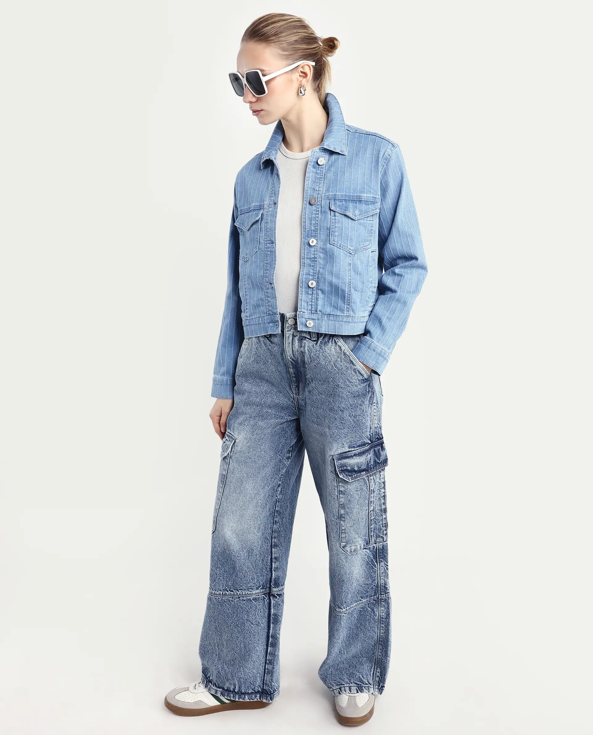 Rareism Women's Luz Light Blue Cotton Blend Spread Collar Striped Cuffed Sleeve Regular Fit Jacket - Image 2