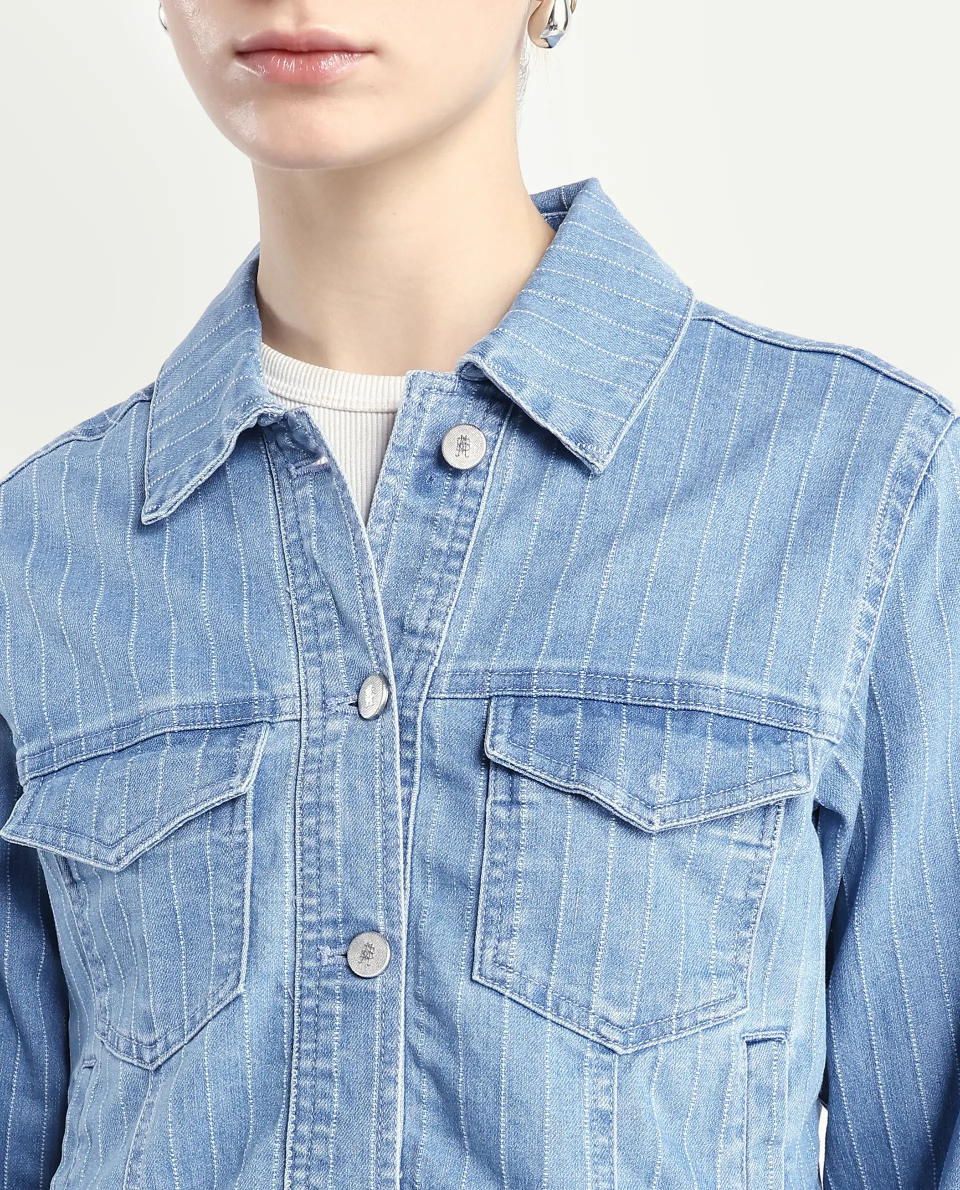Rareism Women's Luz Light Blue Cotton Blend Spread Collar Striped Cuffed Sleeve Regular Fit Jacket - Image 4